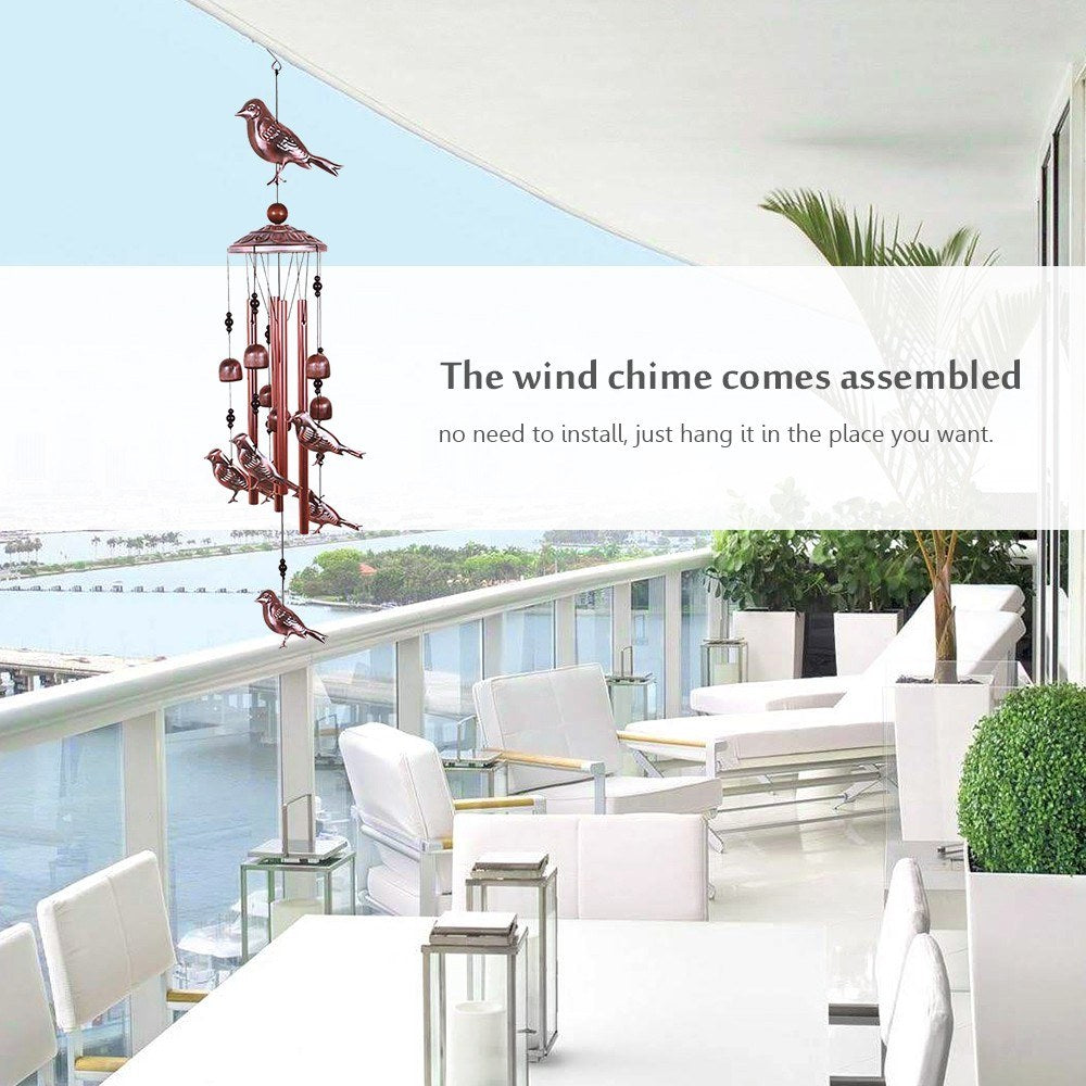 Bird Wind Chimes with 4 Aluminum Tubes, 6 Bells & 7 Birds for Indoor/Outdoor Decor