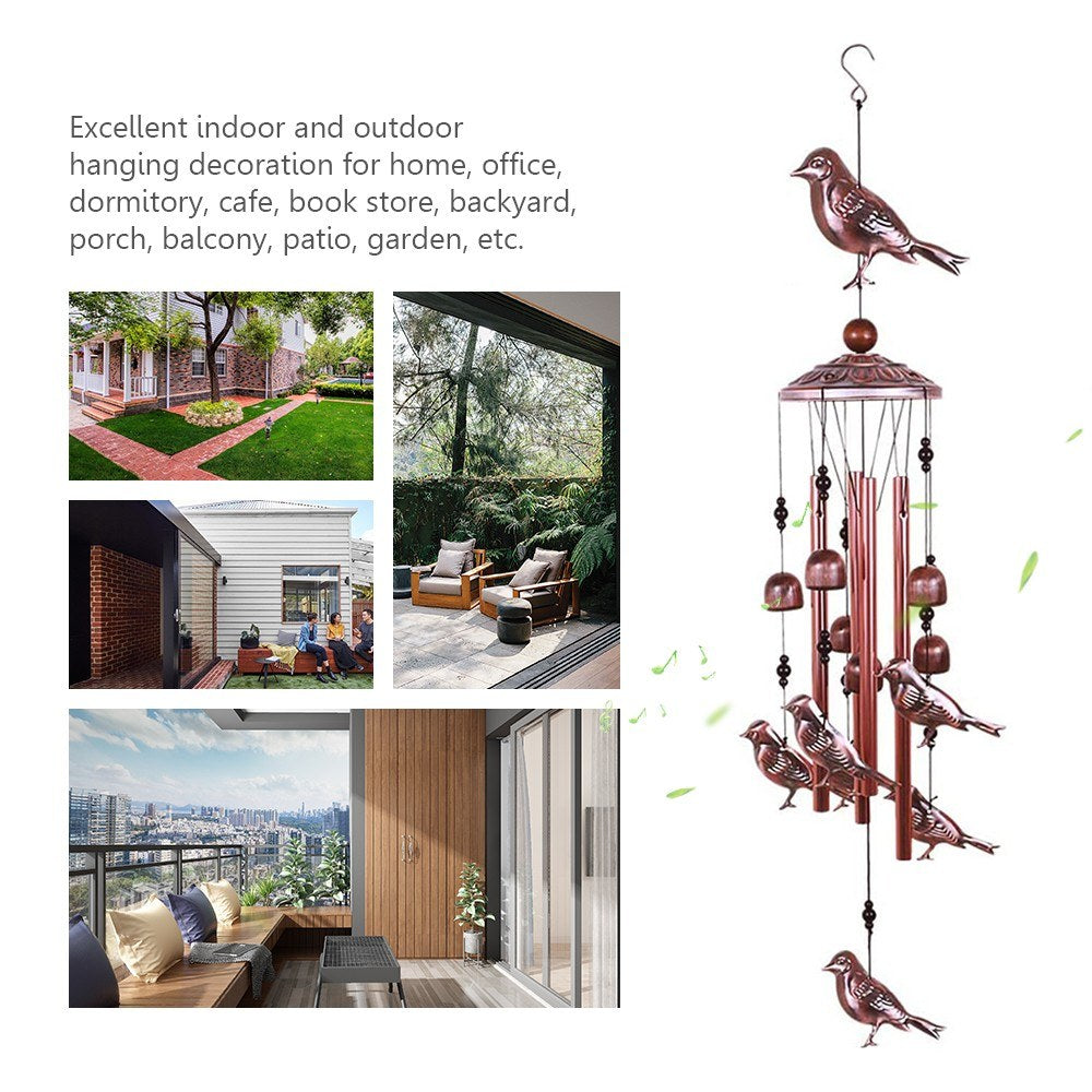 Bird Wind Chimes with 4 Aluminum Tubes, 6 Bells & 7 Birds for Indoor/Outdoor Decor