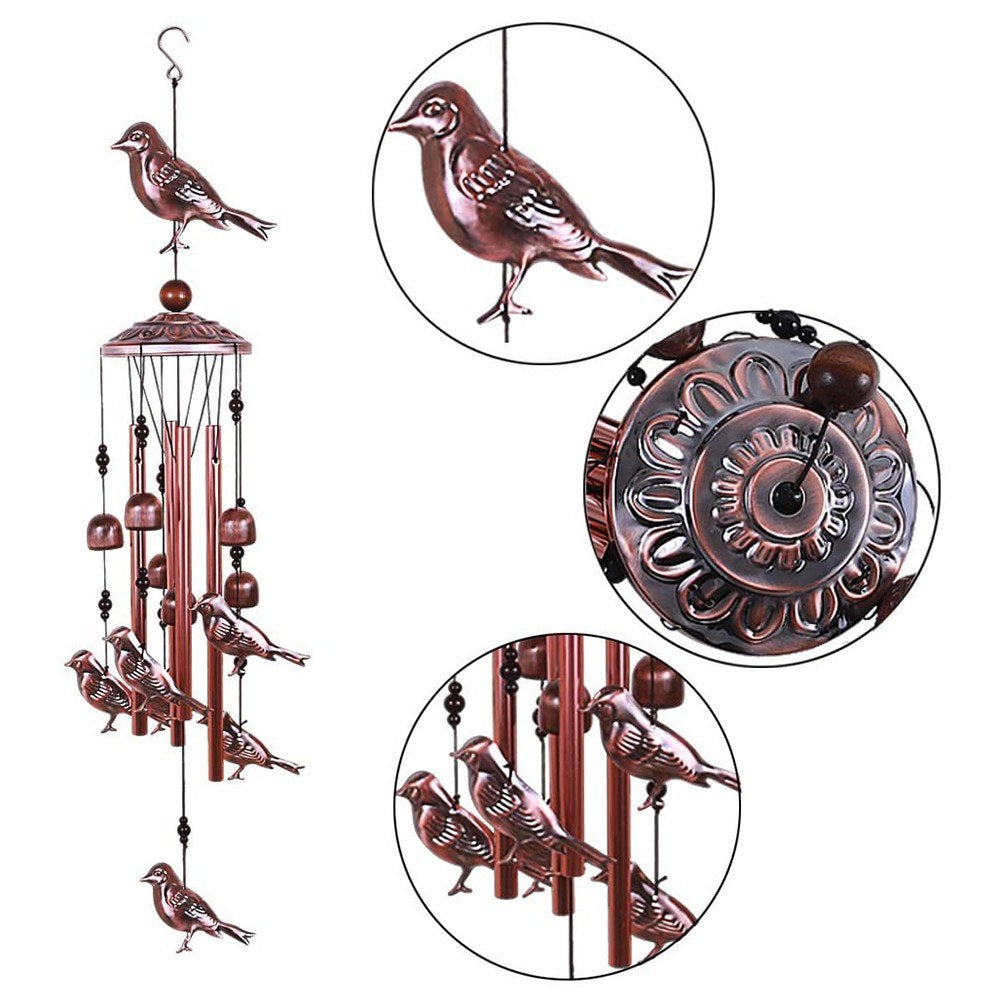 Bird Wind Chimes with 4 Aluminum Tubes, 6 Bells & 7 Birds for Indoor/Outdoor Decor
