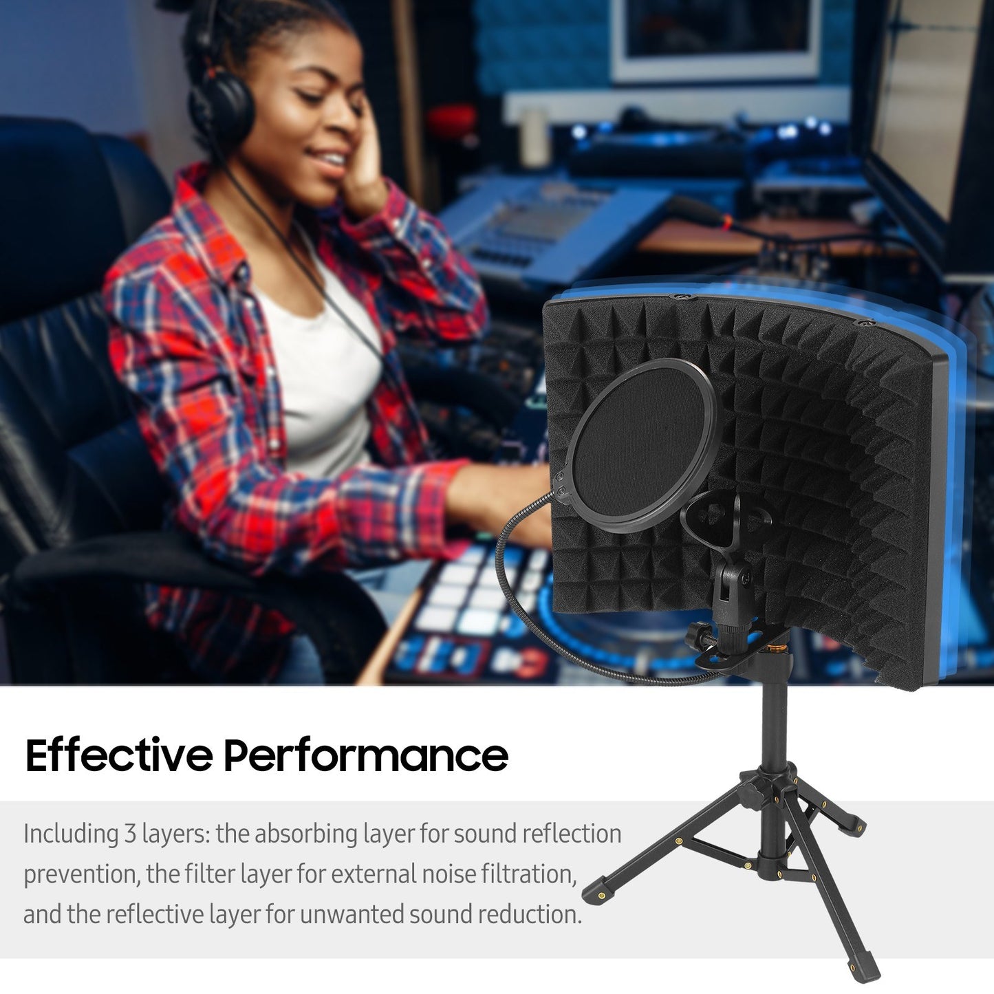 Foldable 3-Panel Microphone Isolation Screen with High-Density Absorbing Sponge, Sound Insulation Cover for Recording Studio, Includes Tripod, Pop Filter, and Microphone Stand