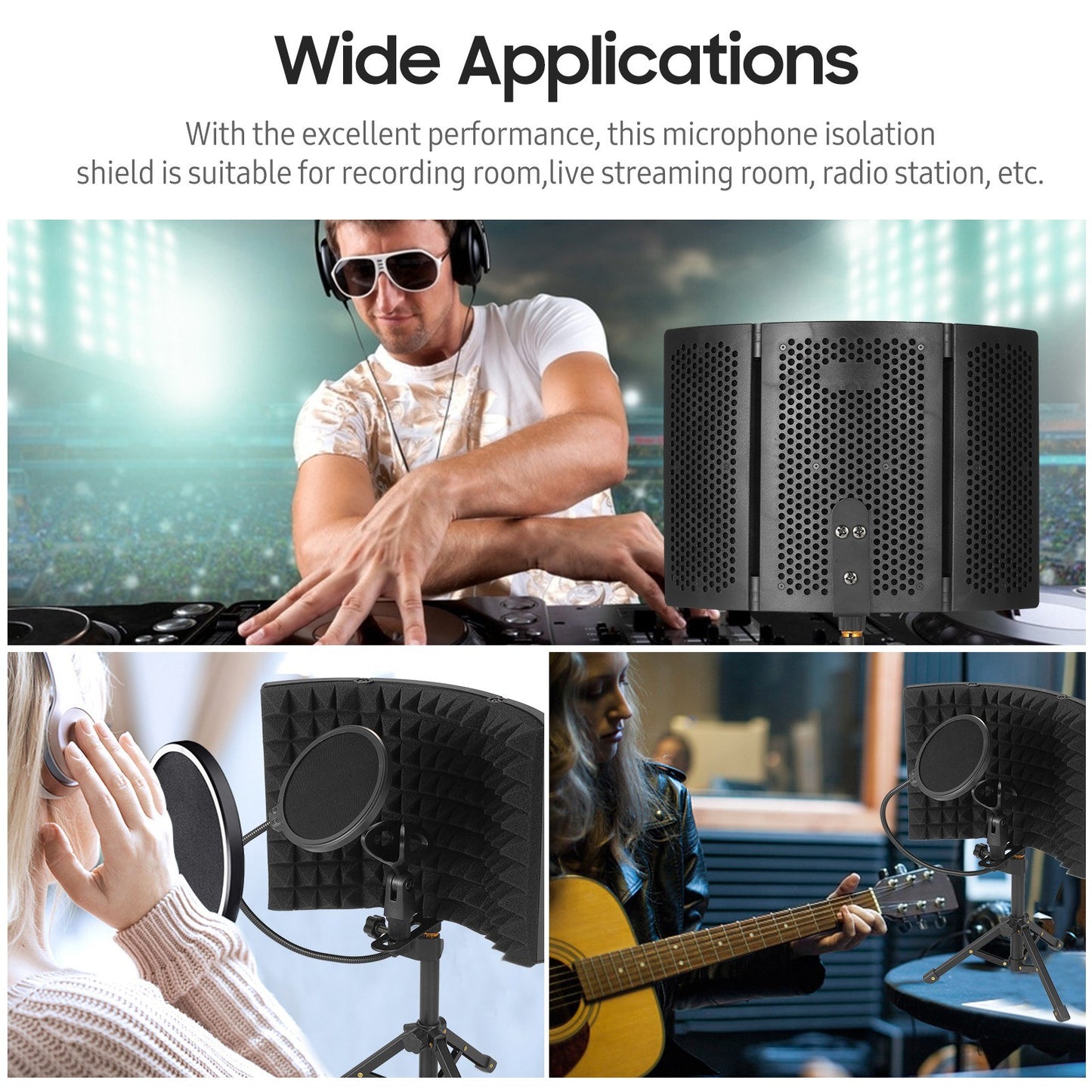 Foldable 3-Panel Microphone Isolation Screen with High-Density Absorbing Sponge, Sound Insulation Cover for Recording Studio, Includes Tripod, Pop Filter, and Microphone Stand