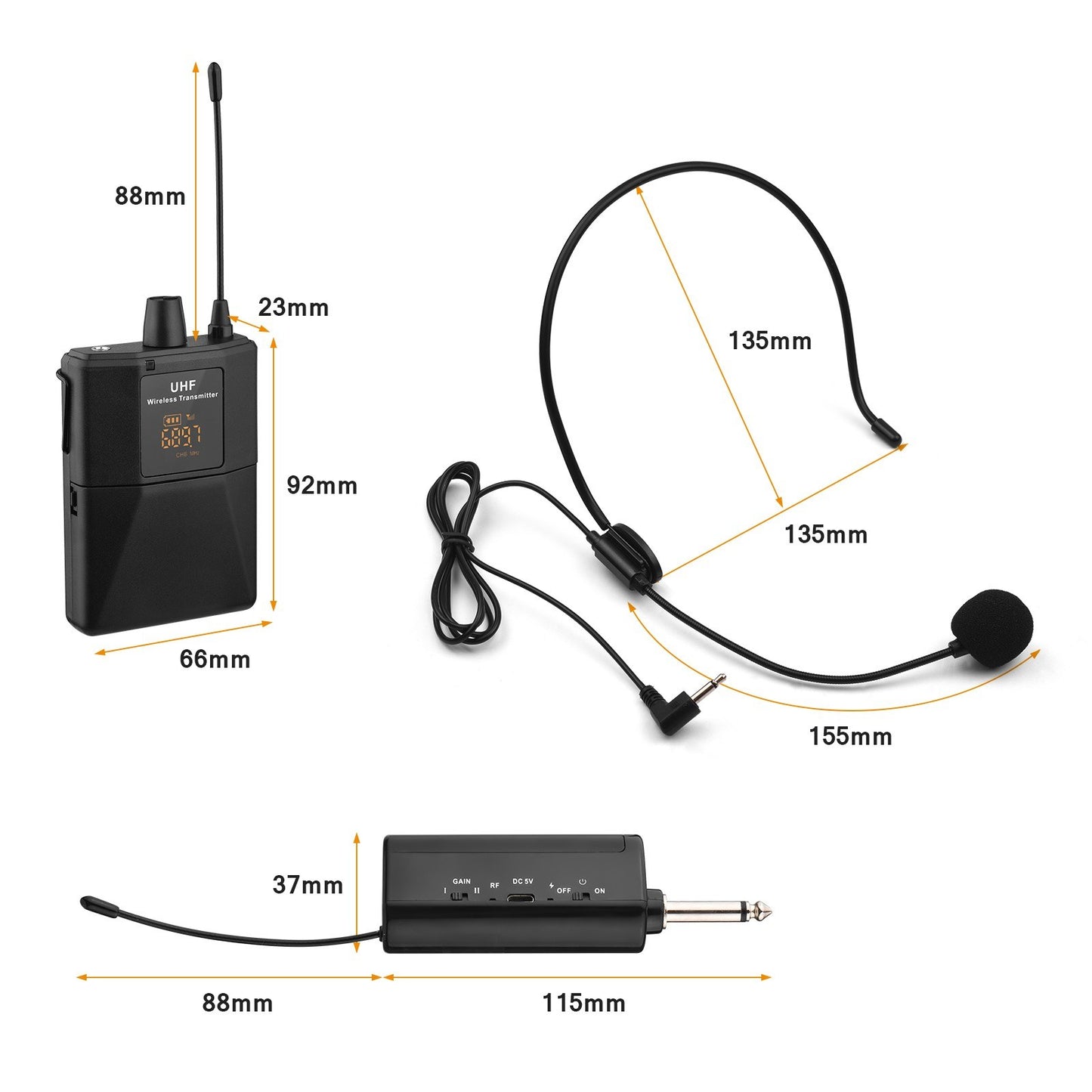 UHF Wireless Headset Microphone with LED Digital Display Transmitter & Receiver