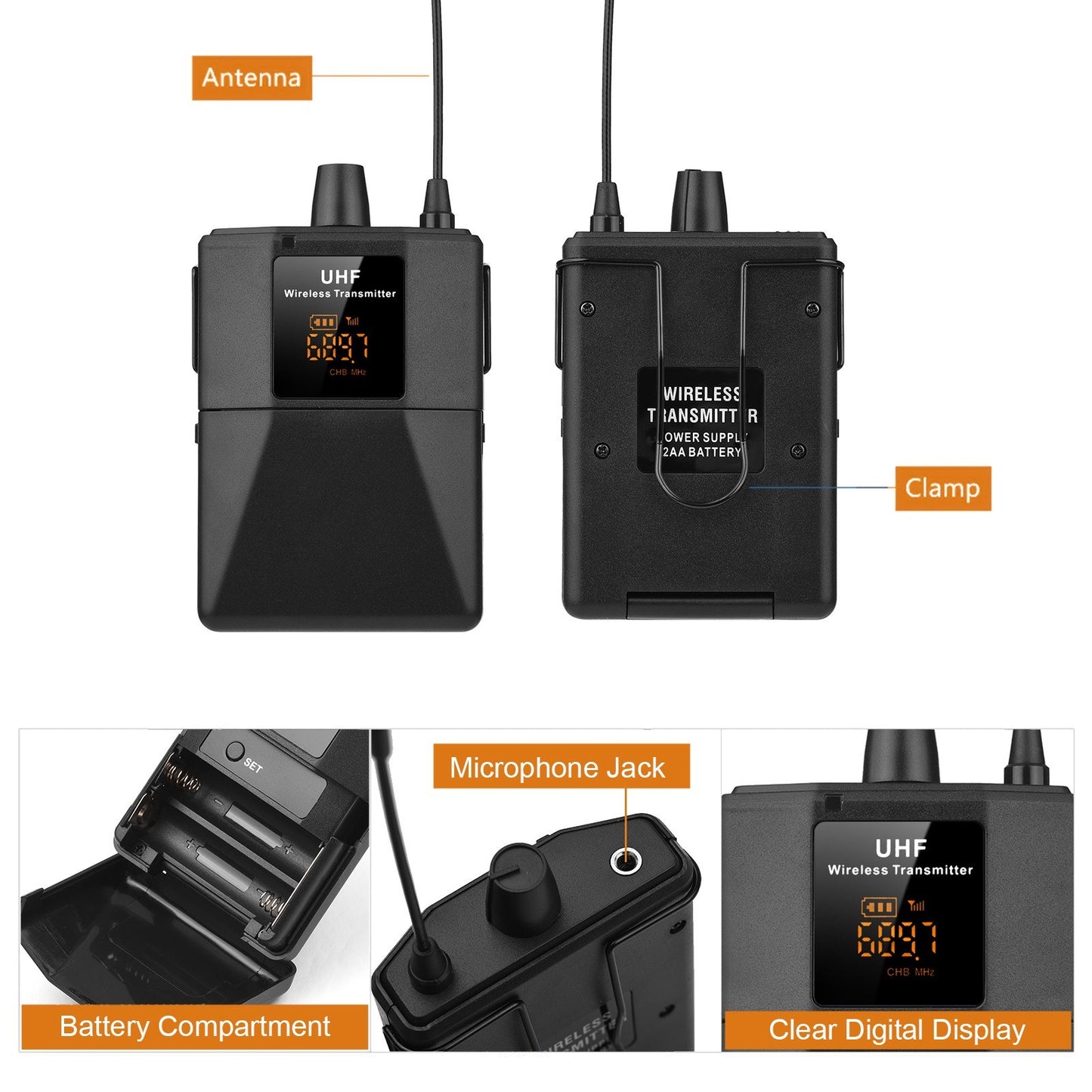 UHF Wireless Headset Microphone with LED Digital Display Transmitter & Receiver