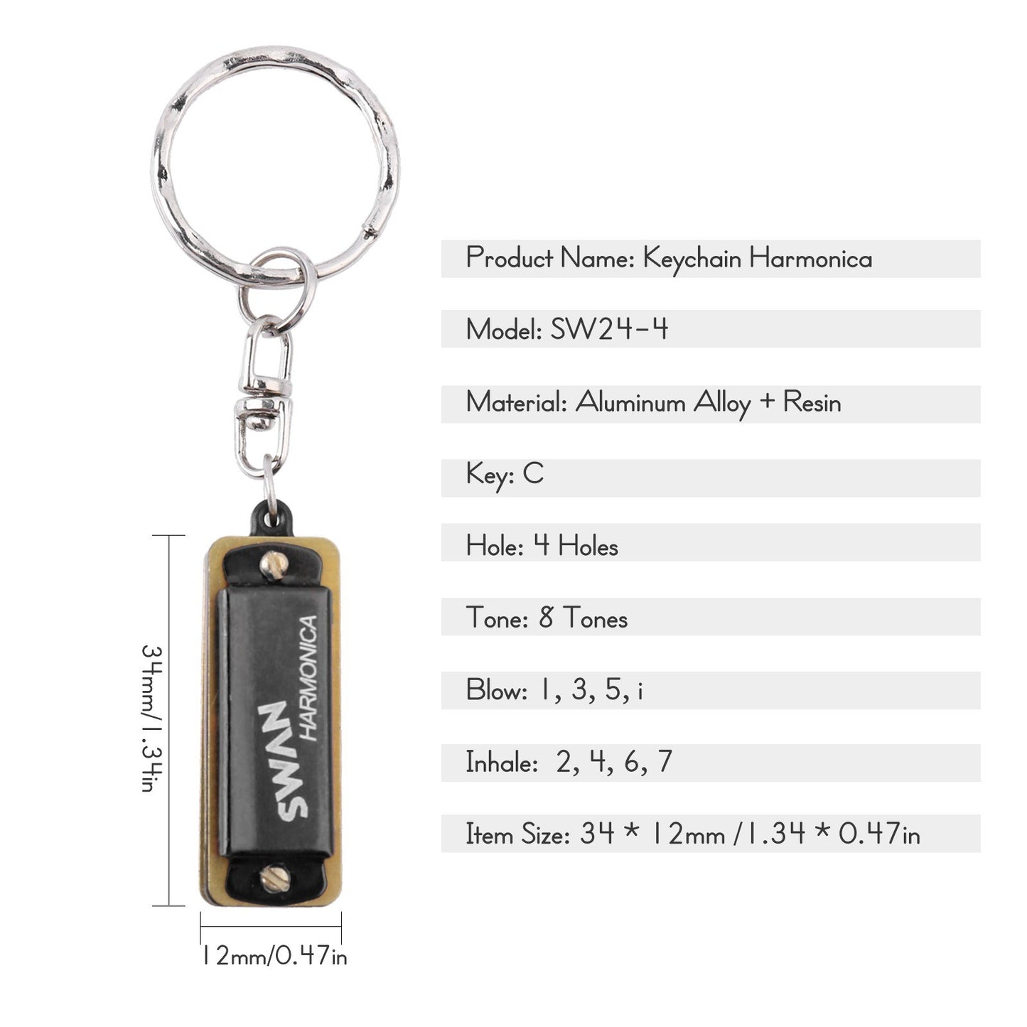 SWAN Mini Keychain Harmonica in C – 4 Holes, 8 Tones: Perfect for Beginners & Students