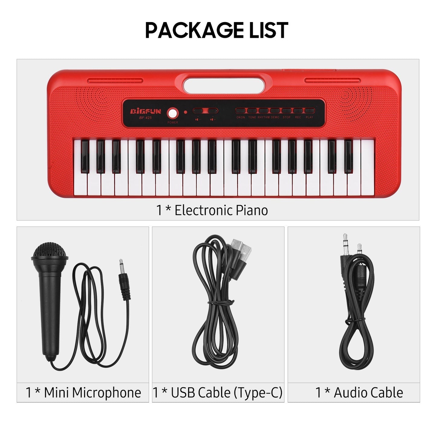 BIGFUN 37-Key Kids Electronic Piano with Mini Microphone, 10 Demos, Recording & Aux Support, Portable Multifunction Keyboard for Ages 3+, Ideal Musical Toy Gift for Boys & Girls
