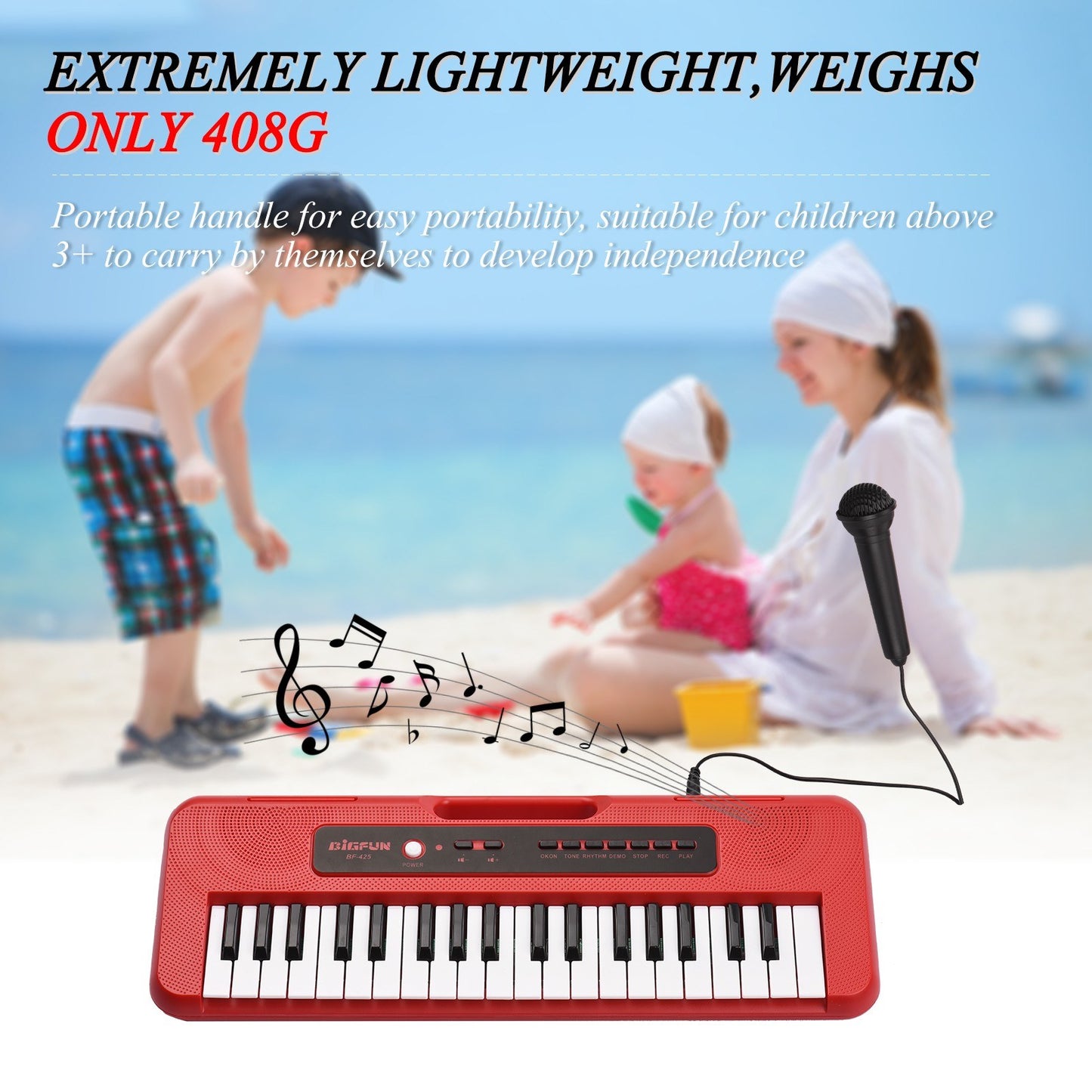 BIGFUN 37-Key Kids Electronic Piano with Mini Microphone, 10 Demos, Recording & Aux Support, Portable Multifunction Keyboard for Ages 3+, Ideal Musical Toy Gift for Boys & Girls