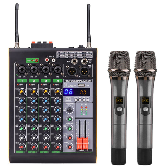 4-Channel Bluetooth Audio Mixer with LED, 2 Wireless Microphones - Professional Digital Console