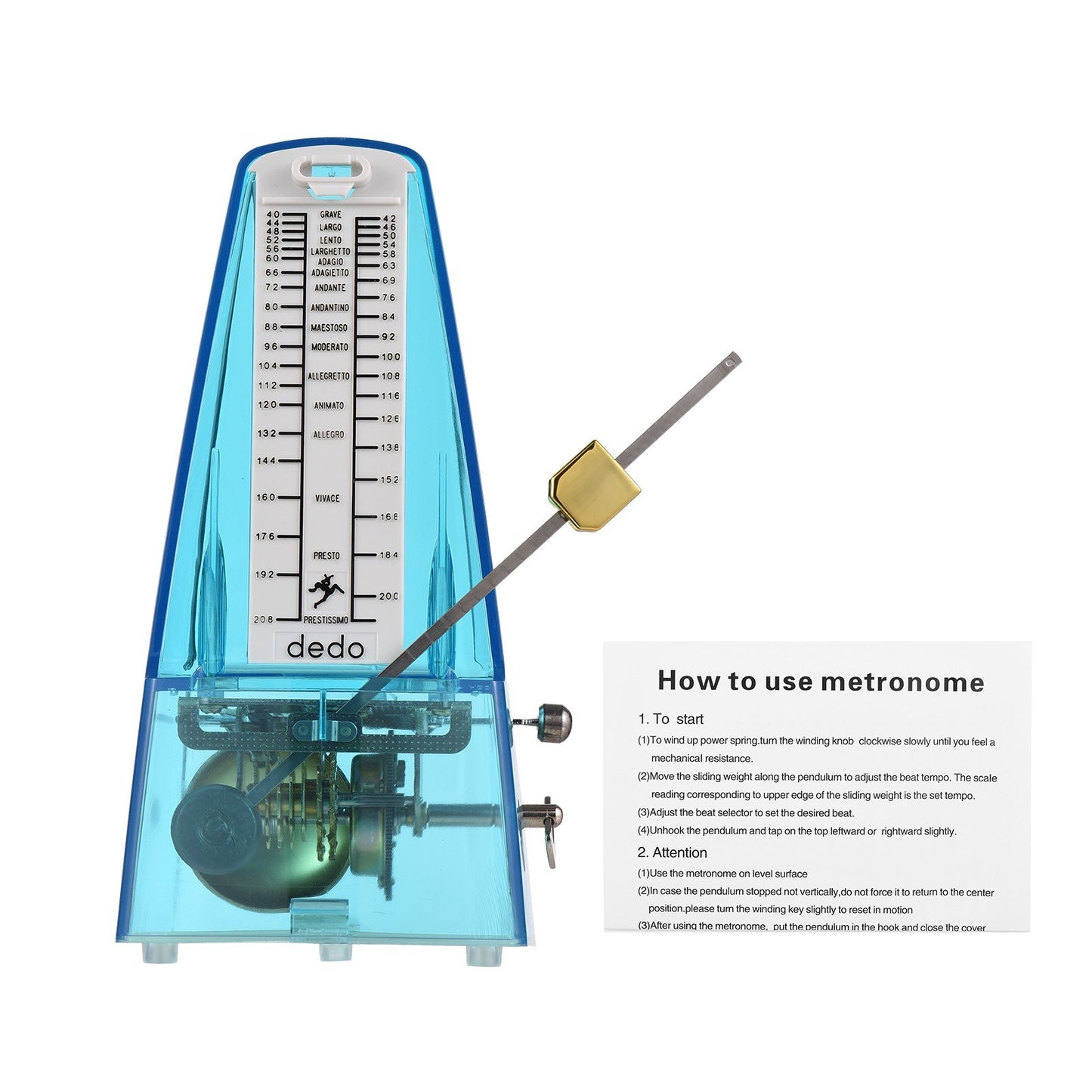 Universal Wind-Up Transparent Mechanical Metronome with Bell