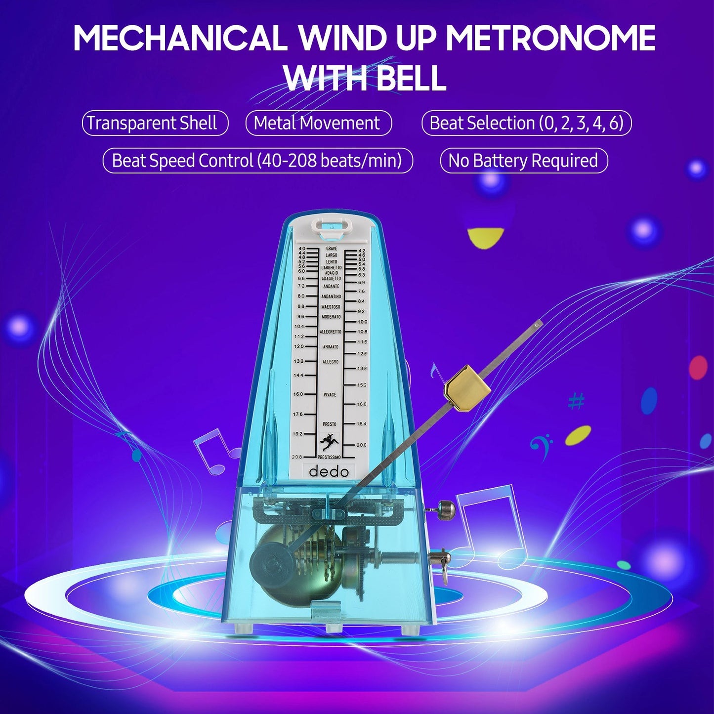 Universal Wind-Up Transparent Mechanical Metronome with Bell