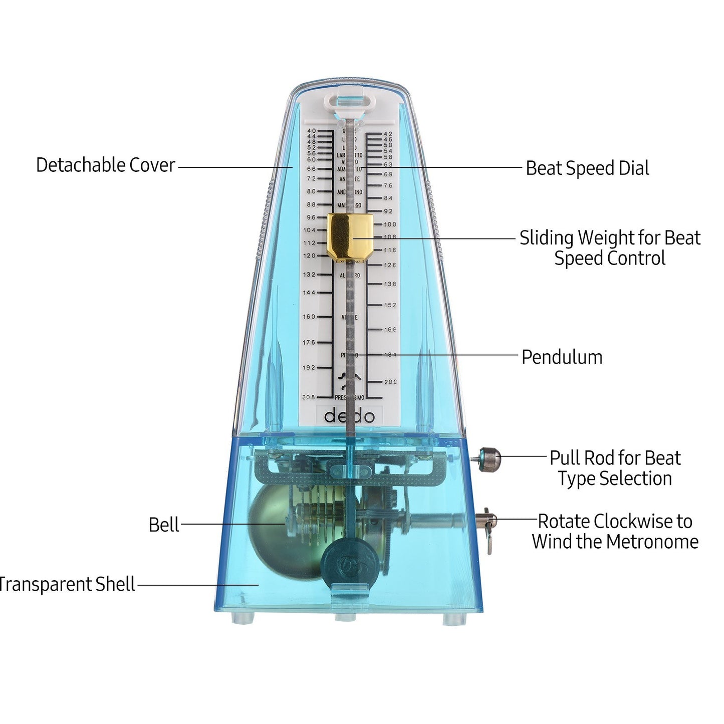 Universal Wind-Up Transparent Mechanical Metronome with Bell