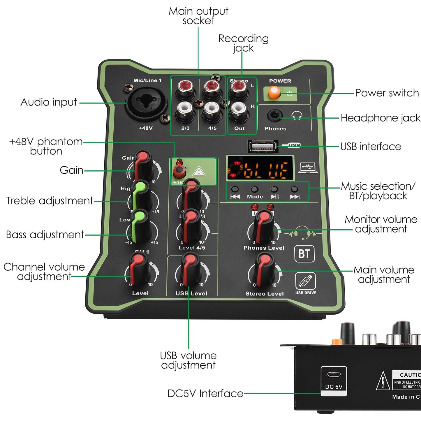 Compact 5-Channel Audio Mixer Sound Console