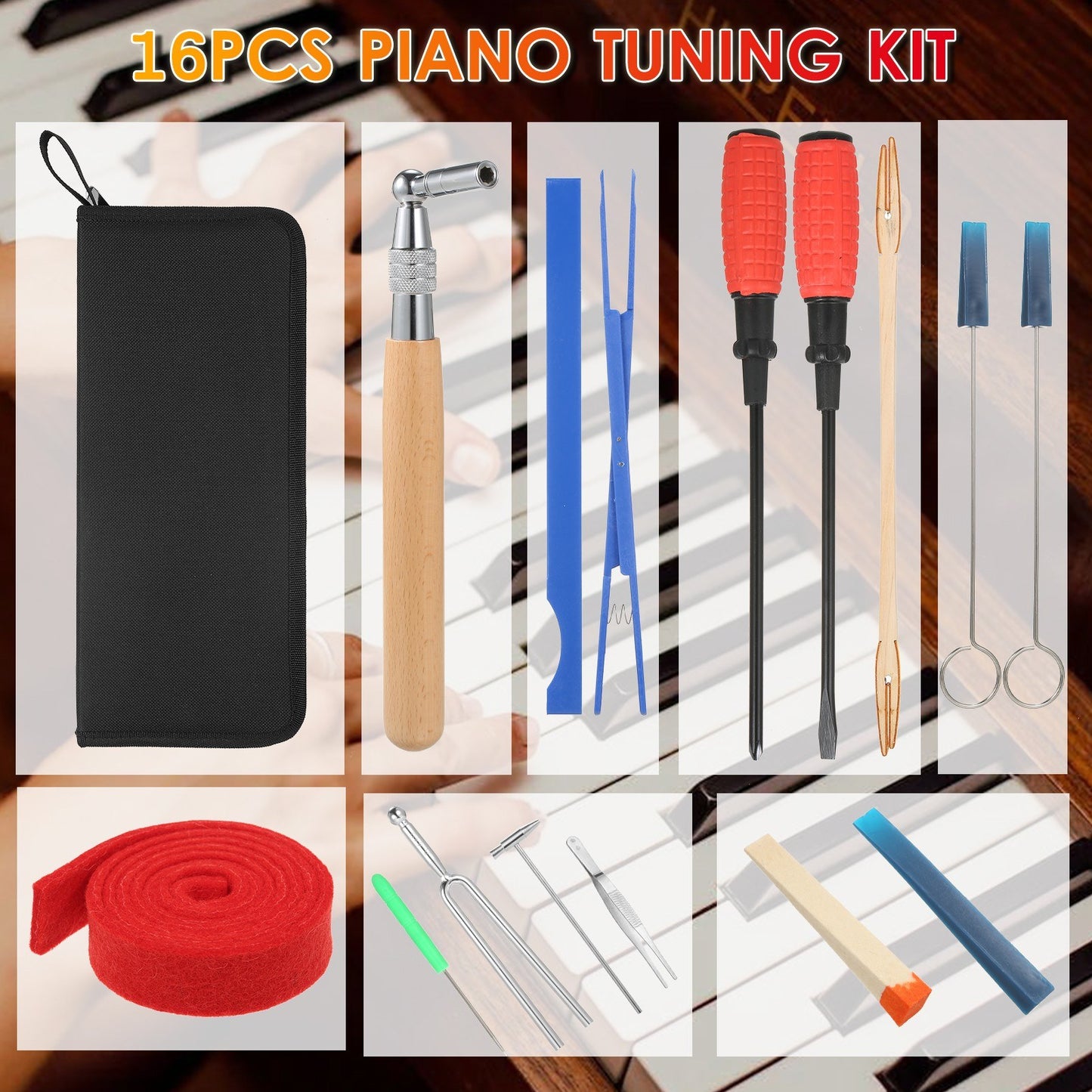 16-Piece Professional Piano Tuning Kit with Zipper Bag