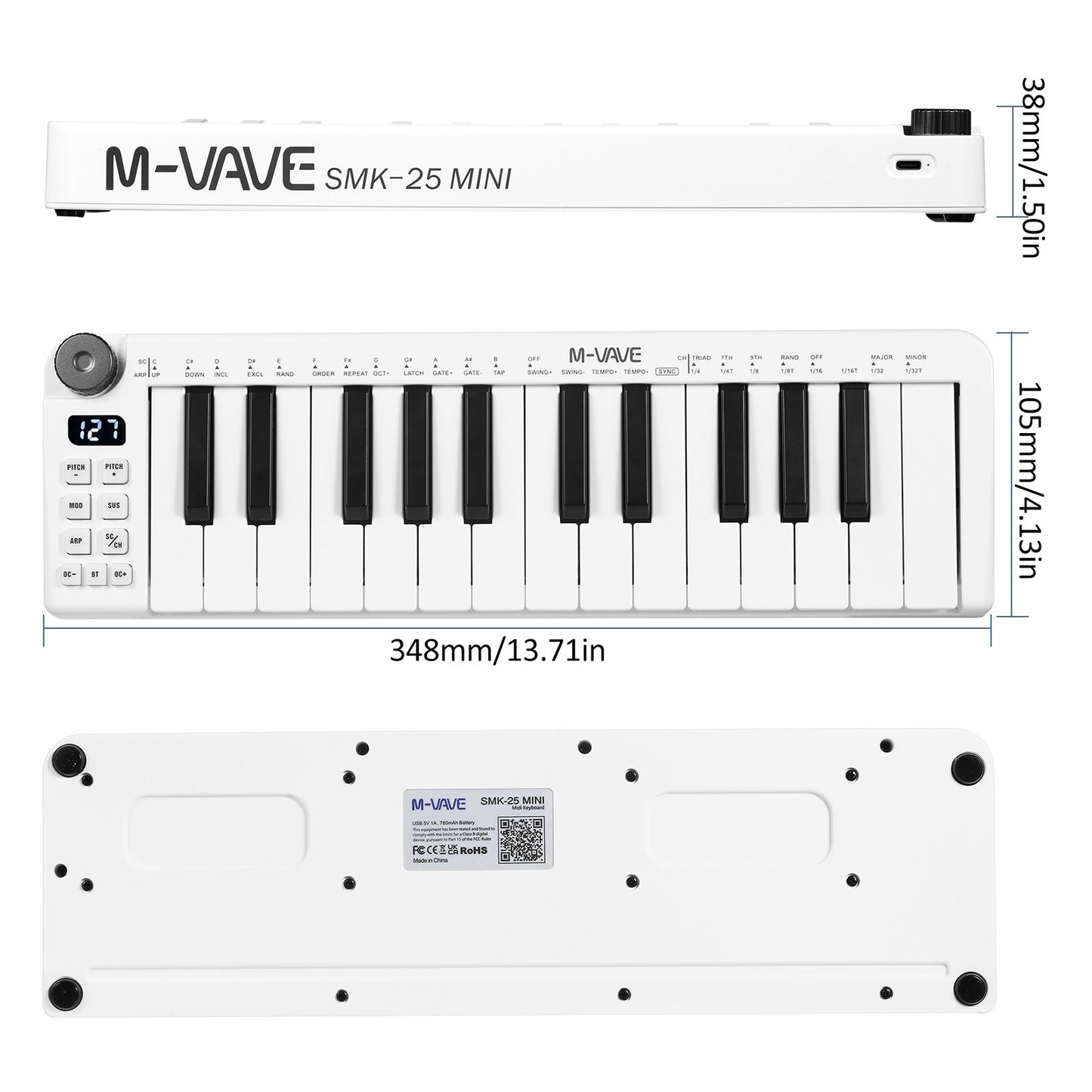 Rechargeable M-VAVE SMK-25mini 25-Key MIDI Control Keyboard