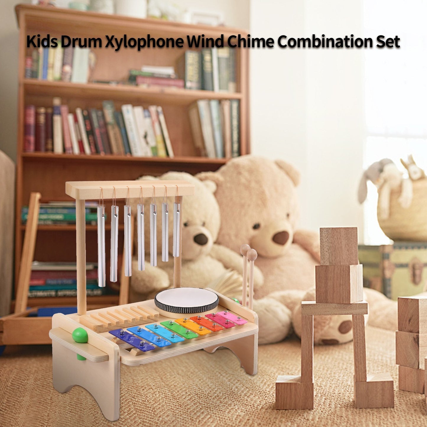 4-in-1 Kids Musical Instruments Set: Wind Chime, Drum Set, Xylophone, Wood Guiro Scraper