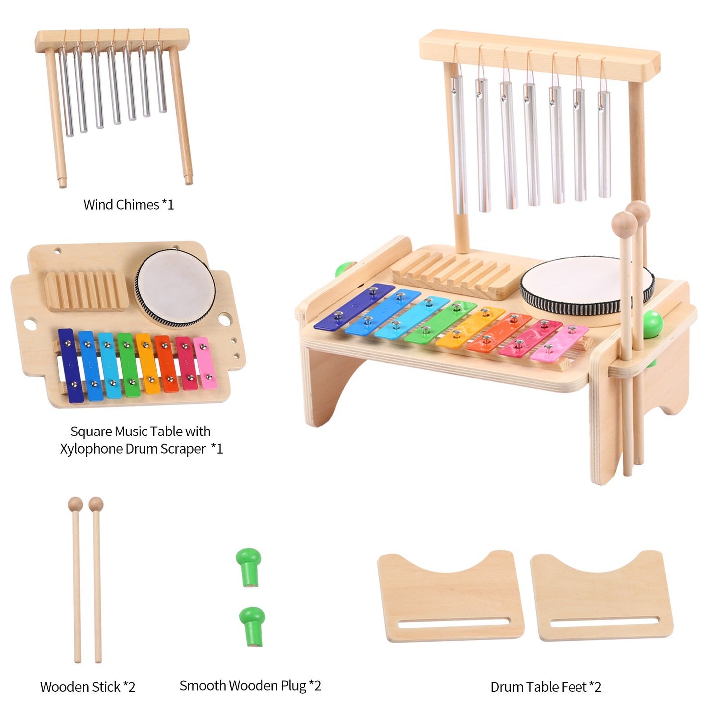 4-in-1 Kids Musical Instruments Set: Wind Chime, Drum Set, Xylophone, Wood Guiro Scraper