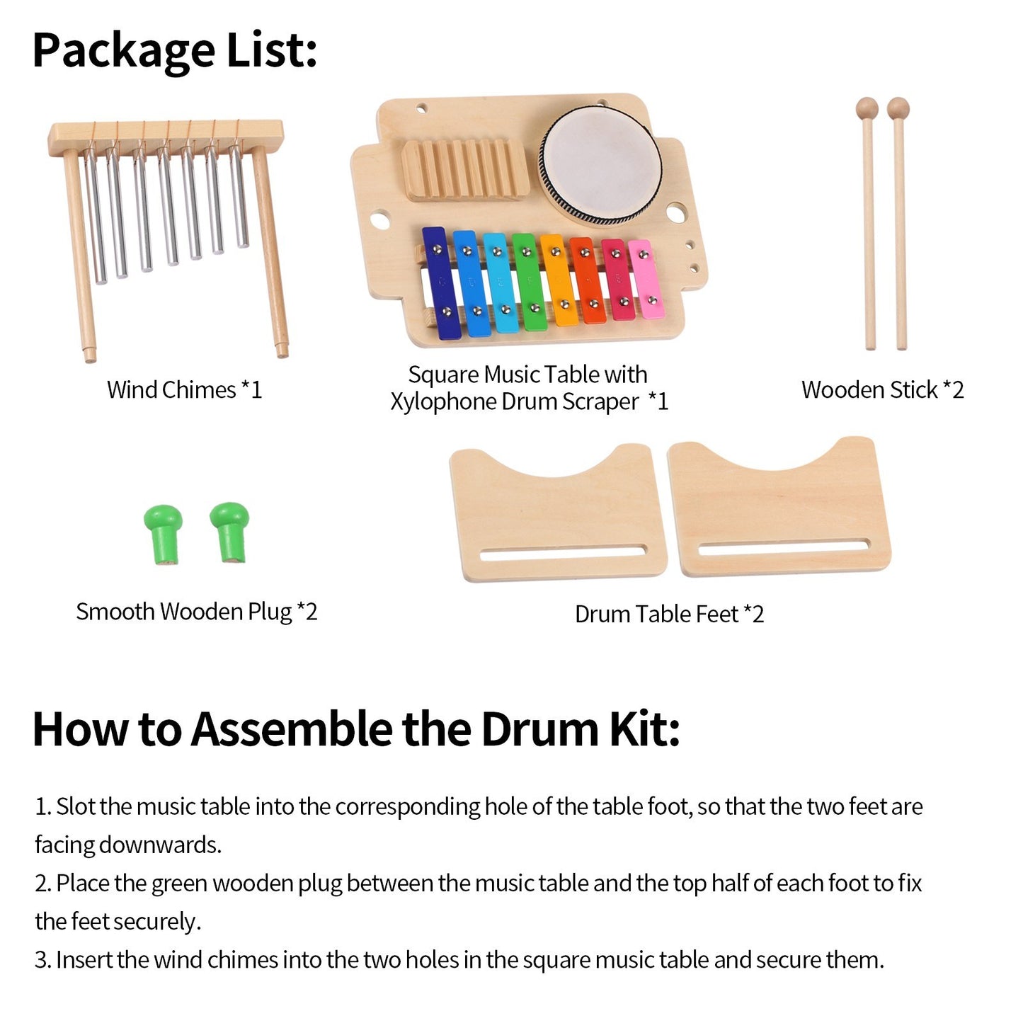 4-in-1 Kids Musical Instruments Set: Wind Chime, Drum Set, Xylophone, Wood Guiro Scraper