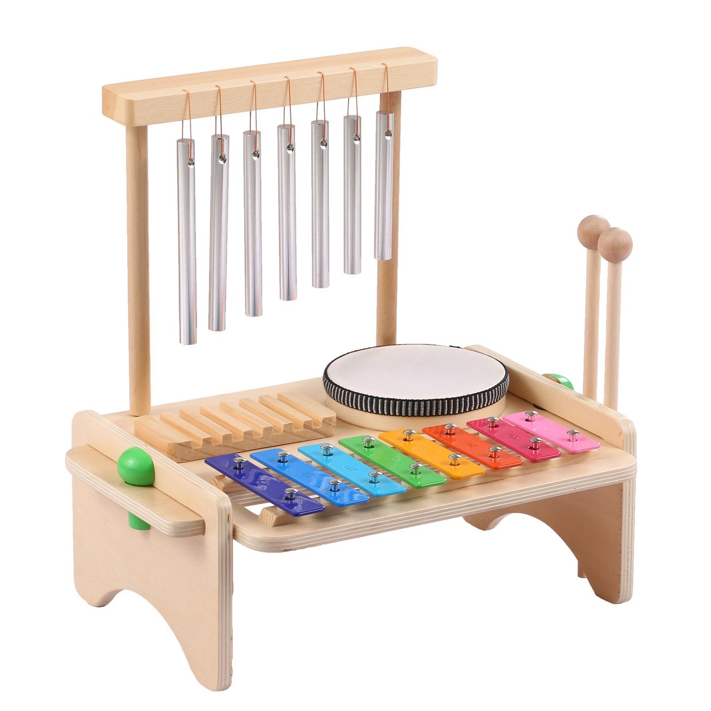 4-in-1 Kids Musical Instruments Set: Wind Chime, Drum Set, Xylophone, Wood Guiro Scraper