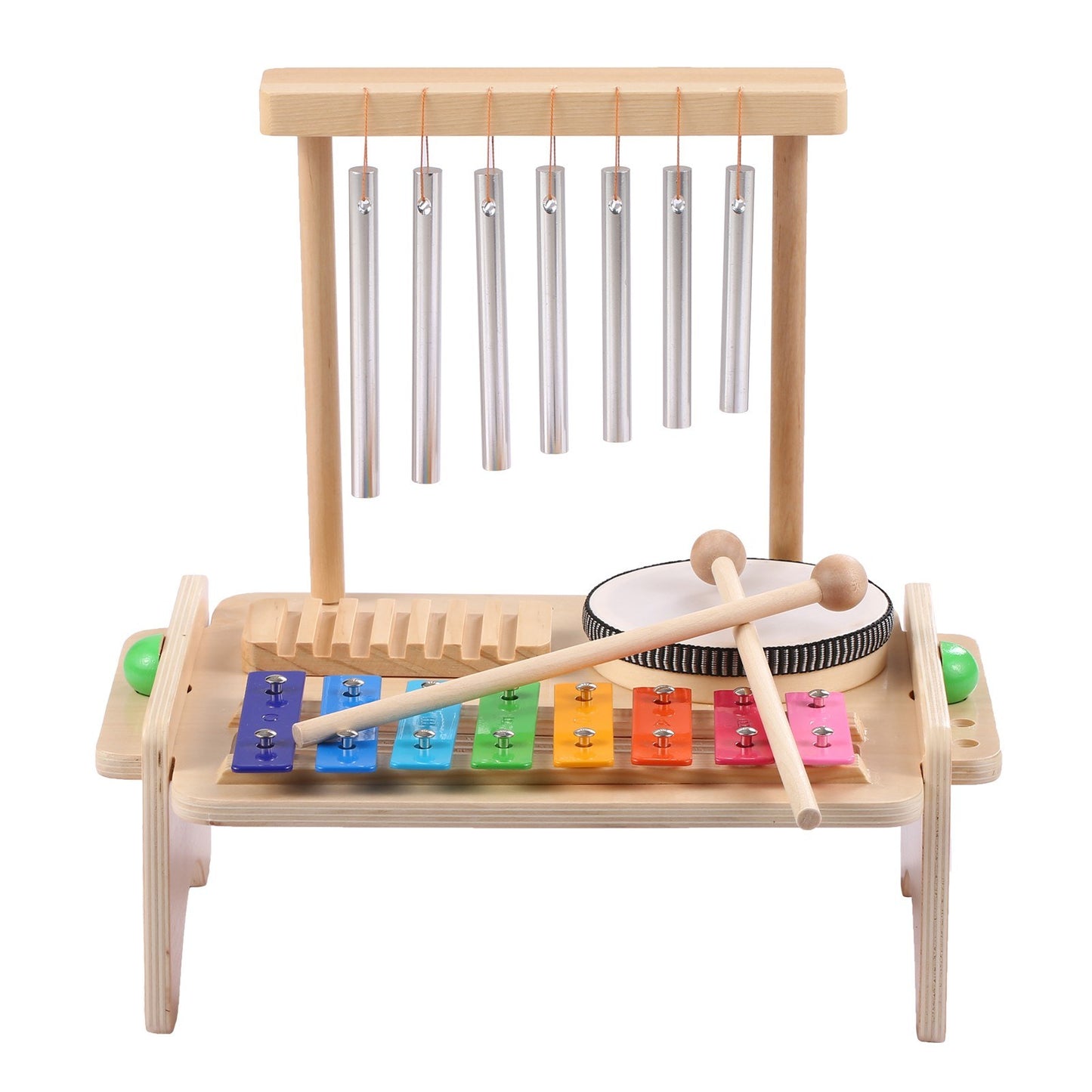 4-in-1 Kids Musical Instruments Set: Wind Chime, Drum Set, Xylophone, Wood Guiro Scraper