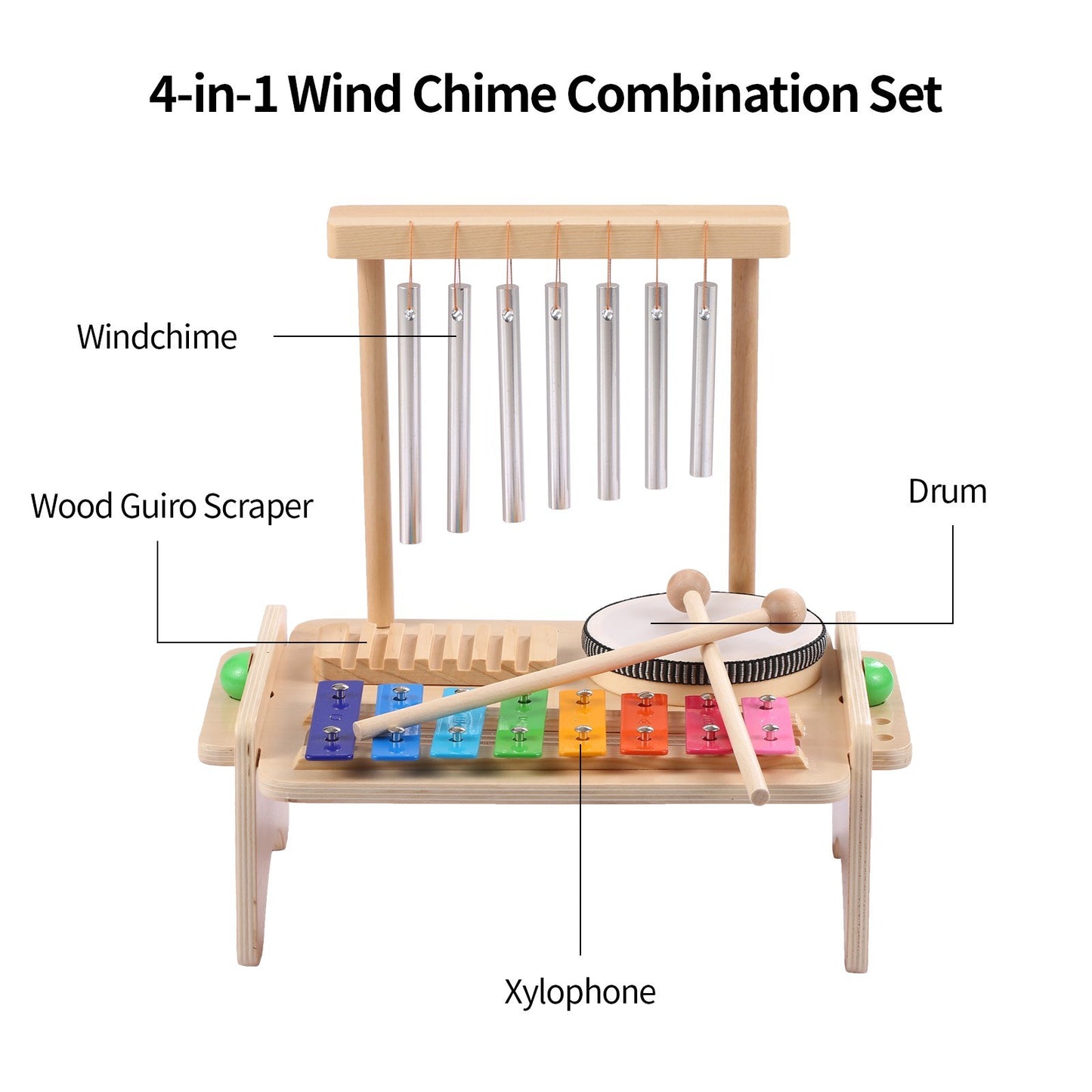 4-in-1 Kids Musical Instruments Set: Wind Chime, Drum Set, Xylophone, Wood Guiro Scraper