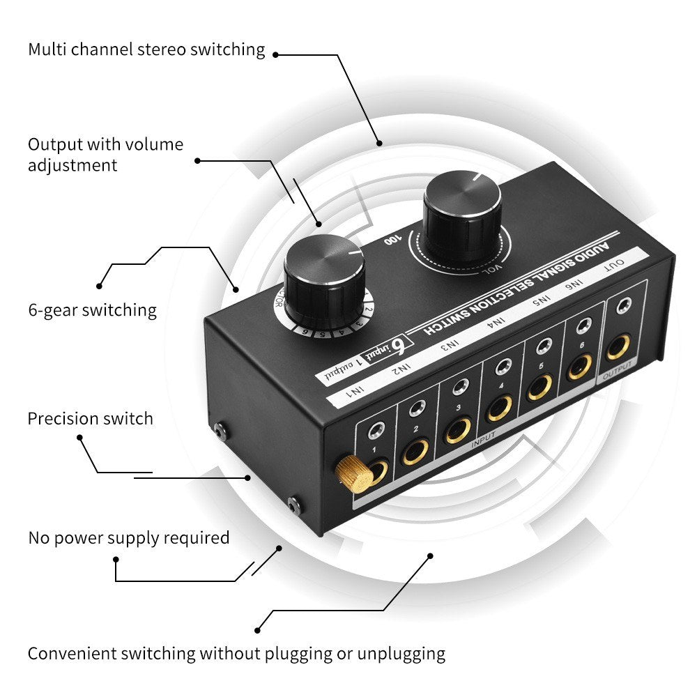 6-in-1 Audio Signal Selector Switch QH-06: Multiple Input to Single Output