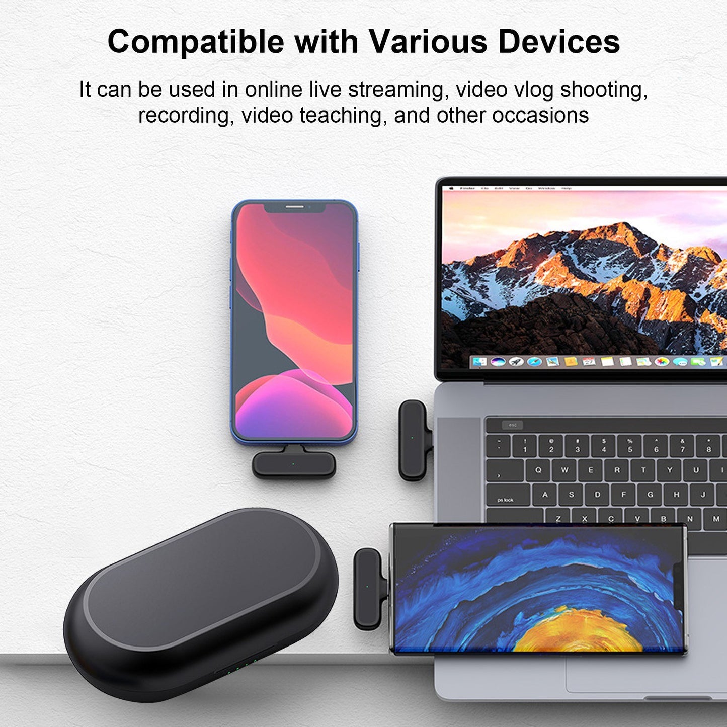 K60 Wireless Clip-on Microphone Set: Mic Receiver & 2 Transmitters with Charging Box