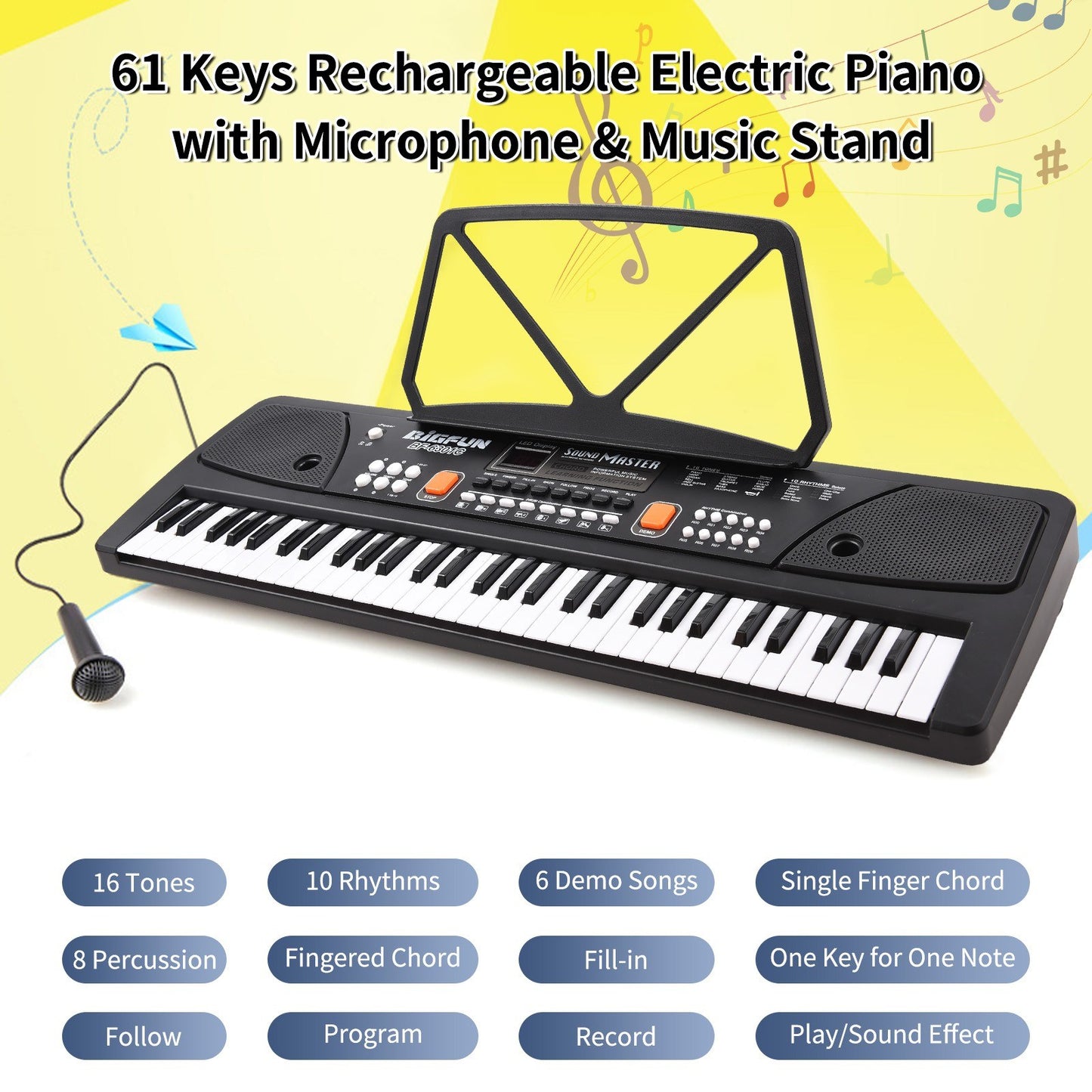 BIGFUN 61-Key Rechargeable Kids Electronic Piano with Microphone