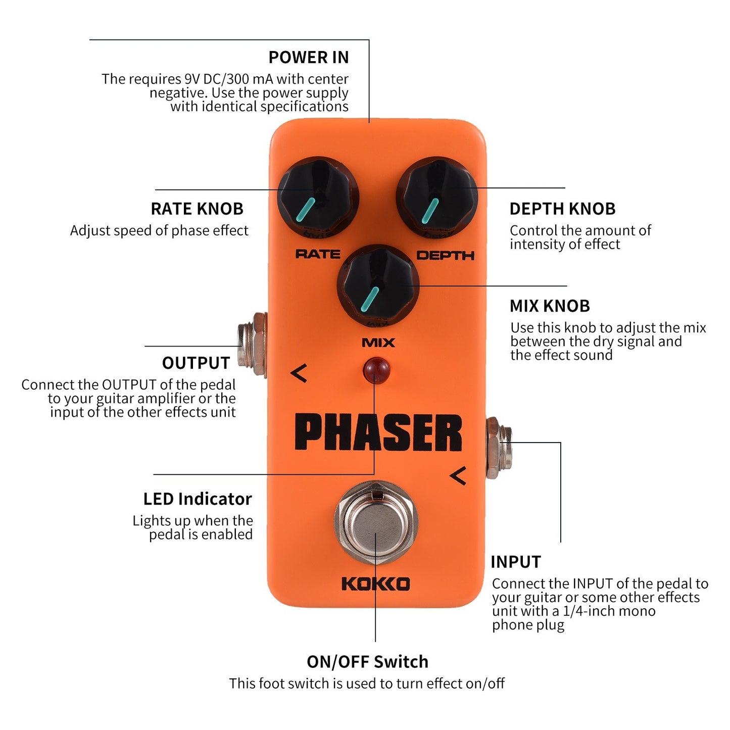KOKKO FPH2 Phaser Mini Electric Guitar Effect Pedal - Portable Phase Effector
