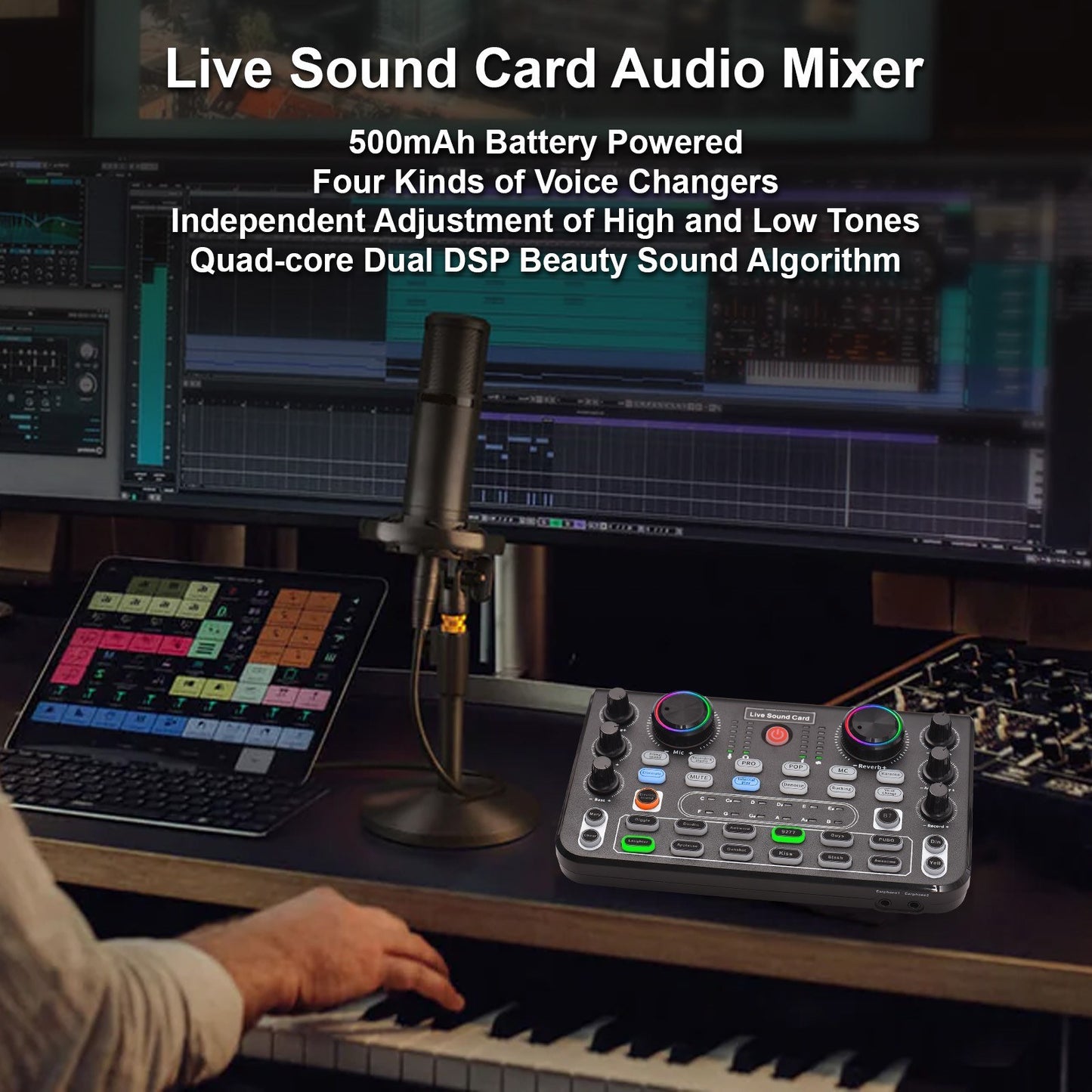 Desktop Audio Mixer Sound Card with Noise Reduction, DC 5V 44.1KHz for Recording & Singing
