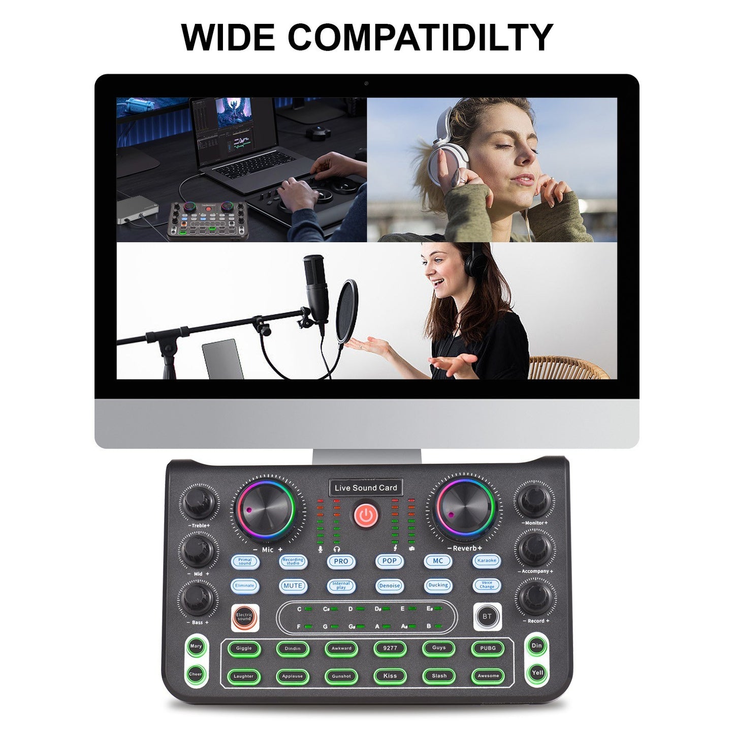 Desktop Audio Mixer Sound Card with Noise Reduction, DC 5V 44.1KHz for Recording & Singing