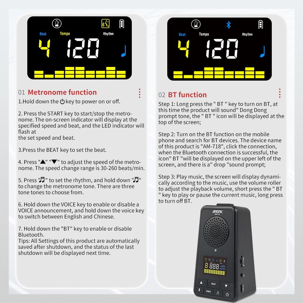 AROMA Dual-Function Metronome & Bluetooth Speaker for Guitar, Piano, Drum, Violin