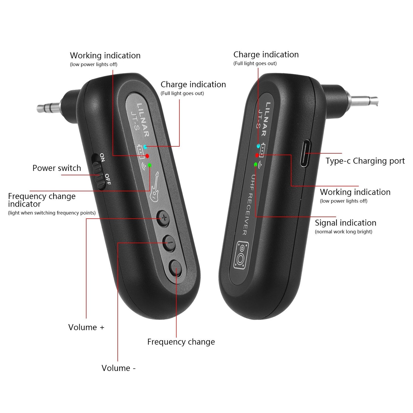 JT-S Rechargeable Wireless Guitar System - Dual 6.35mm & 3.5mm Plugs Transmitter Receiver Set