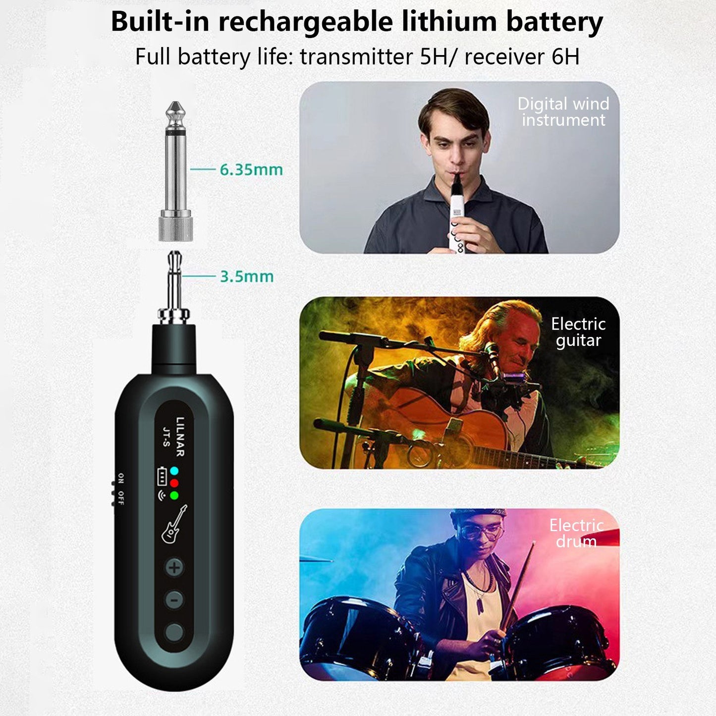 JT-S Rechargeable Wireless Guitar System - Dual 6.35mm & 3.5mm Plugs Transmitter Receiver Set