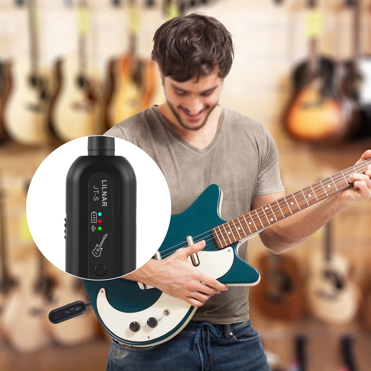 JT-S Rechargeable Wireless Guitar System - Dual 6.35mm & 3.5mm Plugs Transmitter Receiver Set