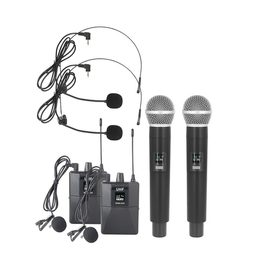 Professional UHF Wireless Microphone System: Dual Handheld Mics with Receiver, Wearable Transmitter, Headworn & Lavalier Options