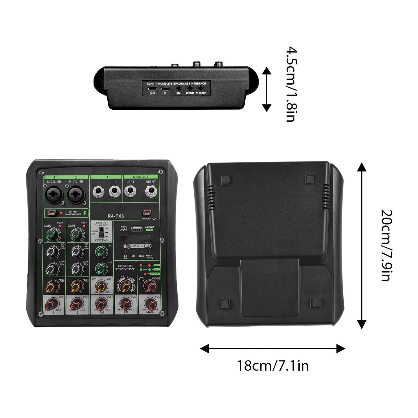R4-FX6 6-Channel Audio Mixer with 48V Phantom Power & OTG Capability