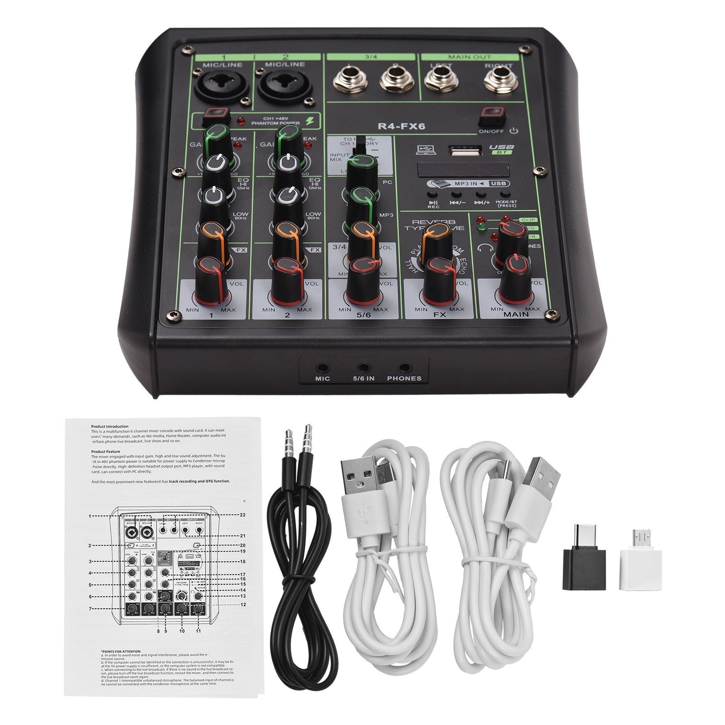 R4-FX6 6-Channel Audio Mixer with 48V Phantom Power & OTG Capability