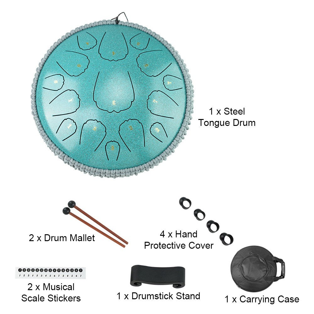 13-Inch 15-Note Steel Tongue Drum in D Key - Portable Balmy Percussion Handpan with Mallets