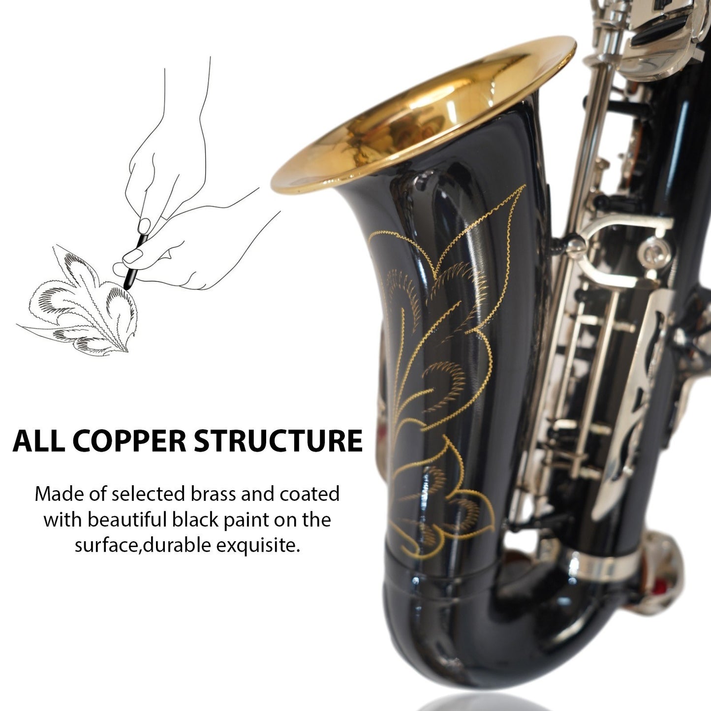 Eb Alto Saxophone, Black Brass Body, White Shell Keys, Woodwind Instrument