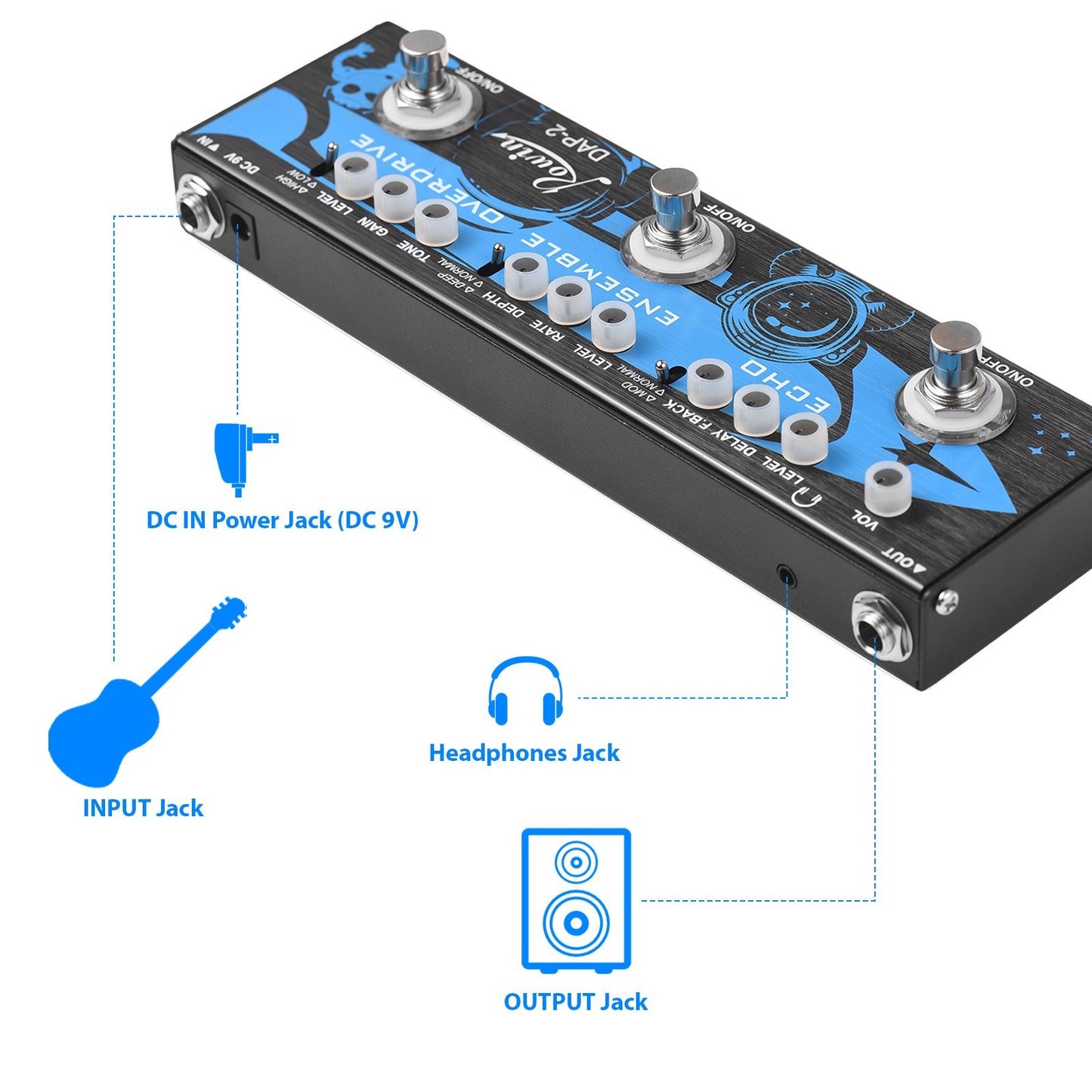 ROWIN DAP-2 3-in-1 Guitar Effects Pedal - Echo, Ensemble, Overdrive - Compact, Portable