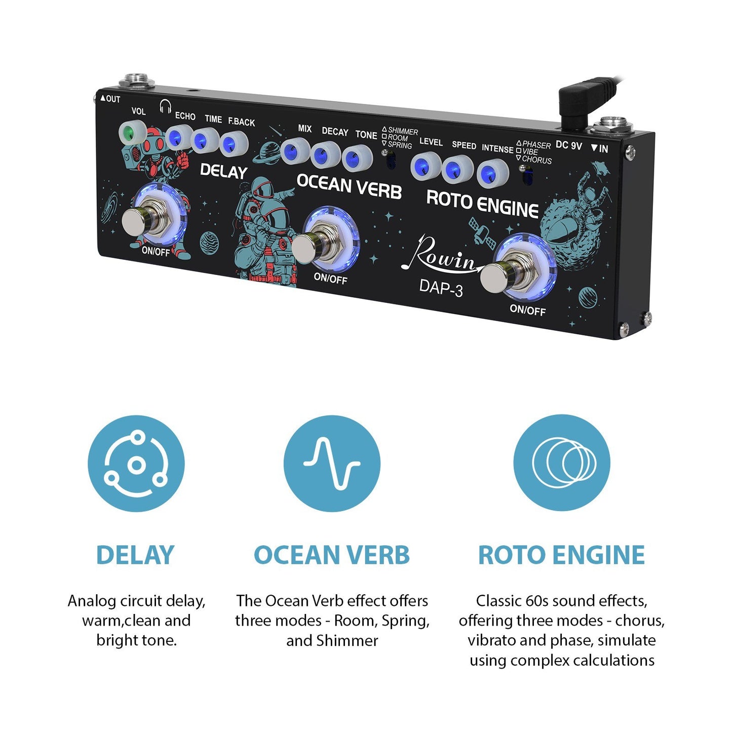 ROWIN DAP-3 Portable Guitar Multi-Effects Pedal: 3-in-1 Delay, Ocean Verb, Roto Engine with True Bypass
