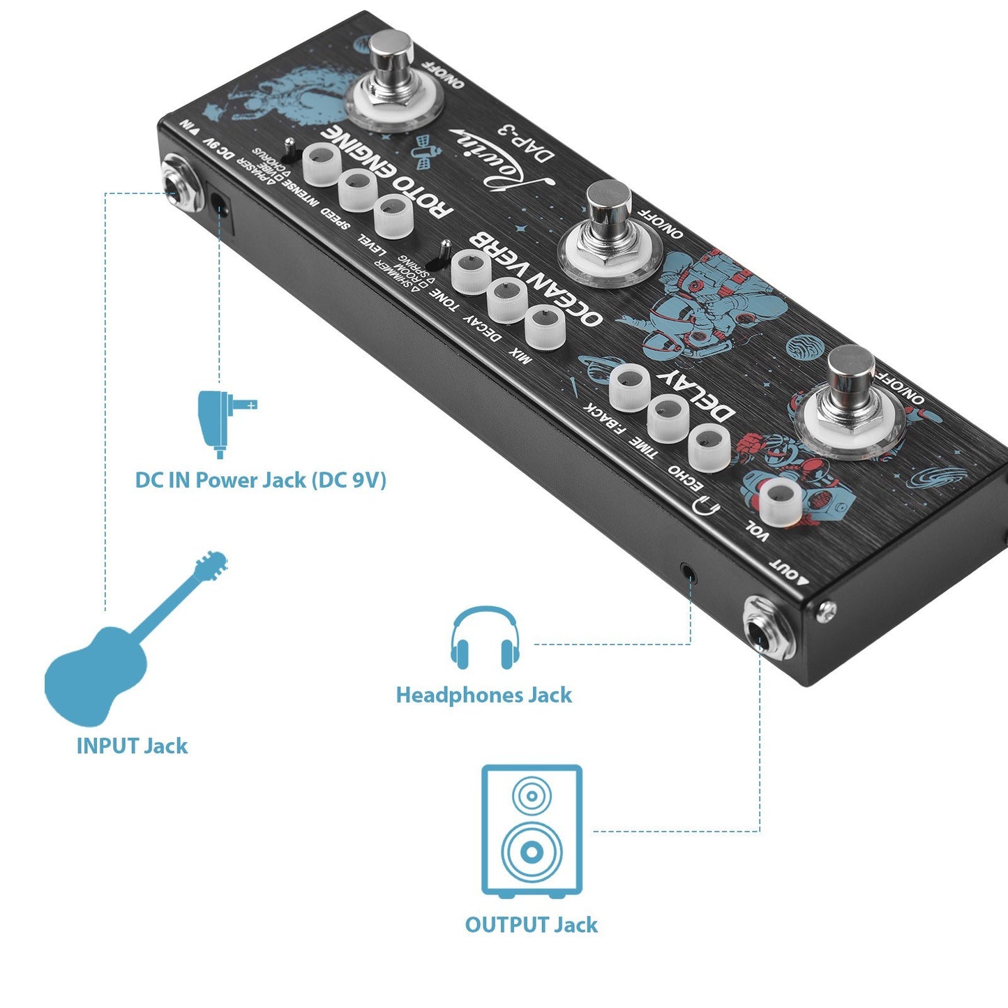 ROWIN DAP-3 Portable Guitar Multi-Effects Pedal: 3-in-1 Delay, Ocean Verb, Roto Engine with True Bypass