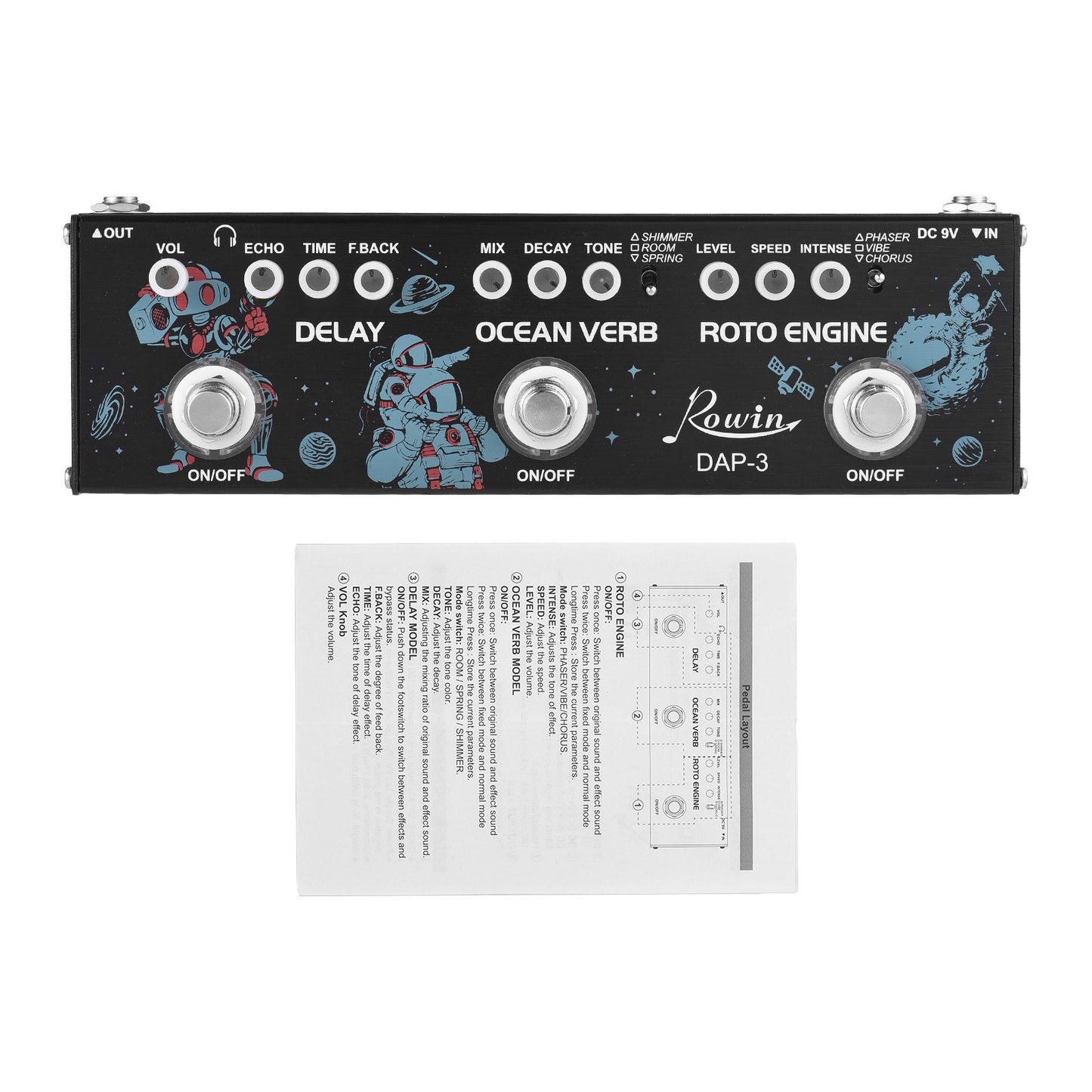 ROWIN DAP-3 Portable Guitar Multi-Effects Pedal: 3-in-1 Delay, Ocean Verb, Roto Engine with True Bypass