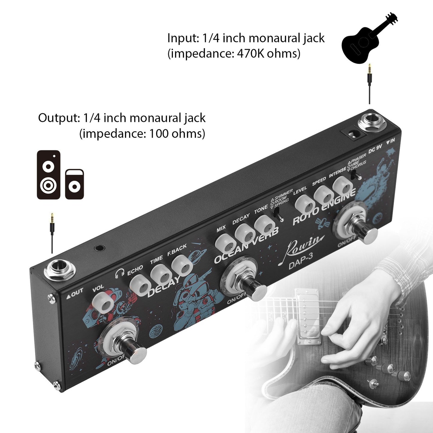 ROWIN DAP-3 Portable Guitar Multi-Effects Pedal: 3-in-1 Delay, Ocean Verb, Roto Engine with True Bypass