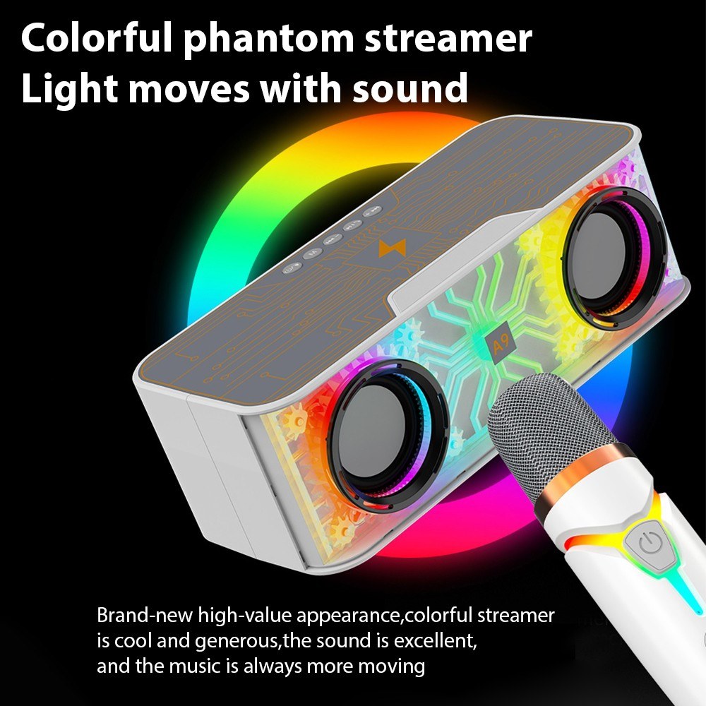 Portable A9 Pro Karaoke Machine: Transparent Mecha Speaker with LED Lights & Dual Wireless Microphones