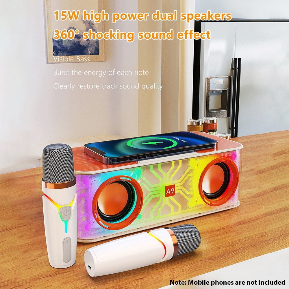 Portable A9 Pro Karaoke Machine: Transparent Mecha Speaker with LED Lights & Dual Wireless Microphones
