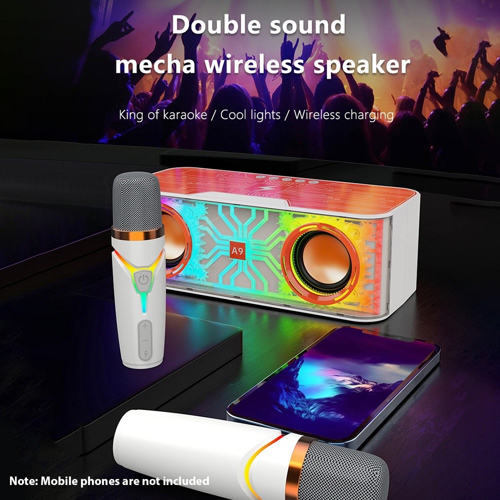 Portable A9 Pro Karaoke Machine: Transparent Mecha Speaker with LED Lights & Dual Wireless Microphones