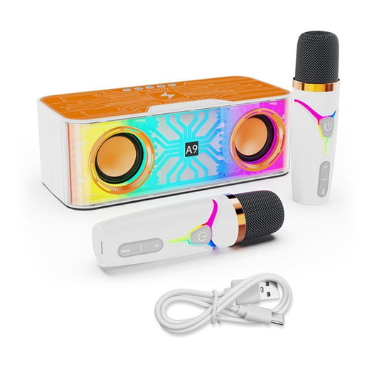Portable A9 Pro Karaoke Machine: Transparent Mecha Speaker with LED Lights & Dual Wireless Microphones