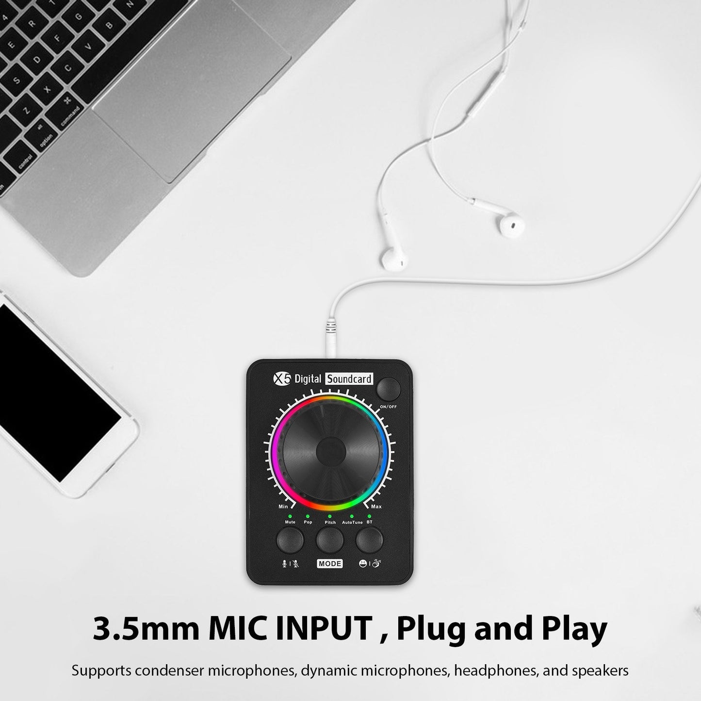 X5 Professional External Sound Card for Live Streaming with Bluetooth Music Input and USB Volume Control for PC, Phones, and Laptops