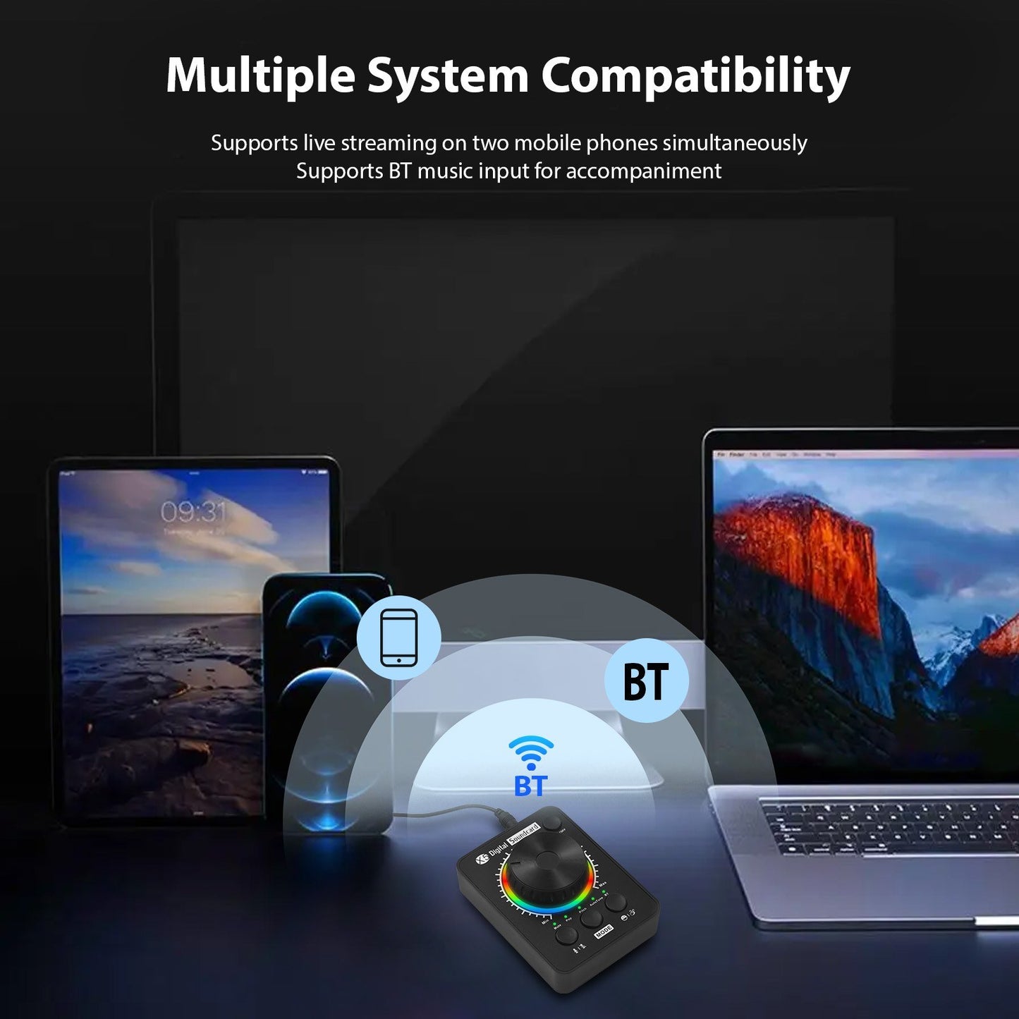 X5 Professional External Sound Card for Live Streaming with Bluetooth Music Input and USB Volume Control for PC, Phones, and Laptops
