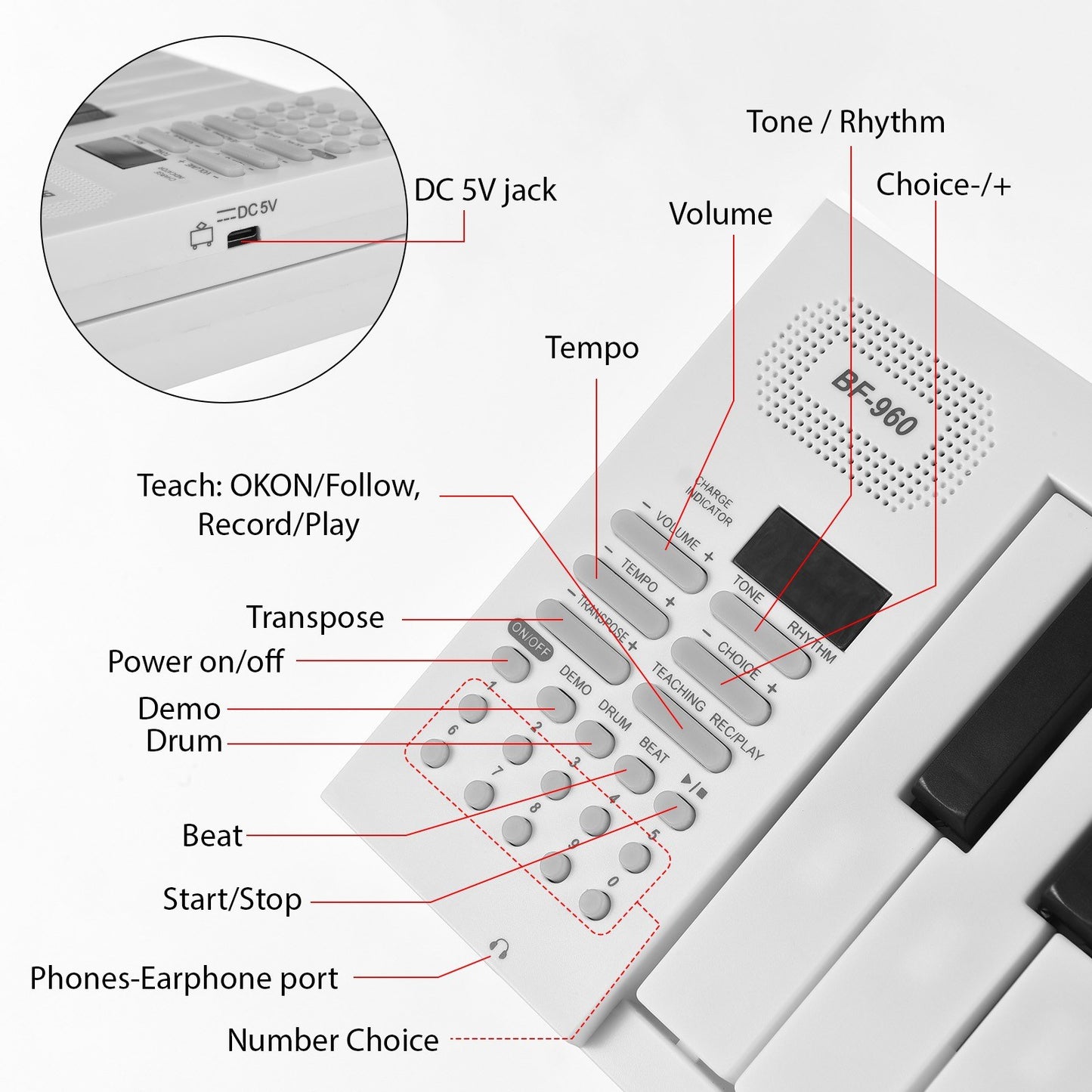 Bigfun BF-960 Foldable Electronic Piano - LED Display, Rechargeable, Includes Carrying Bag